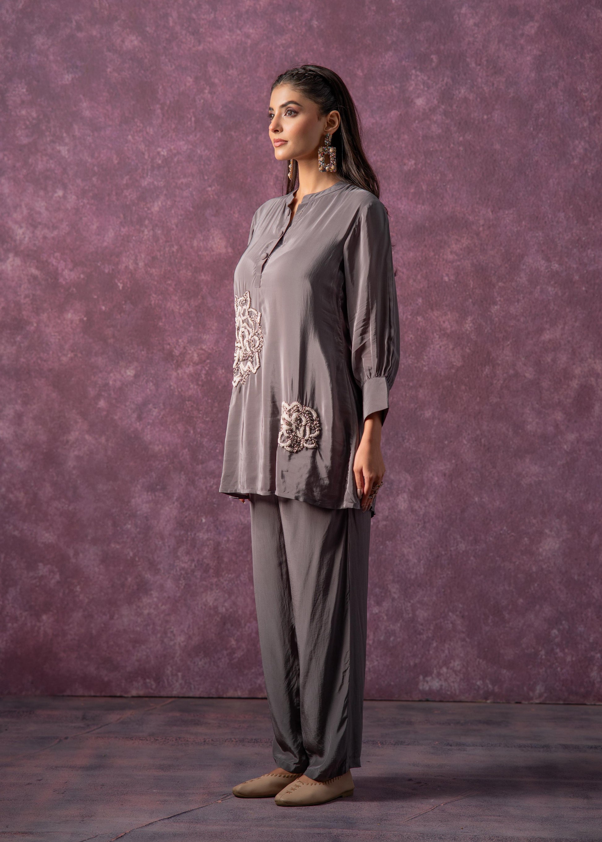 Juniper Viscose Grey Embellished Tunic And Pant Co-Ord Set With Bead Details - Swadesiicart