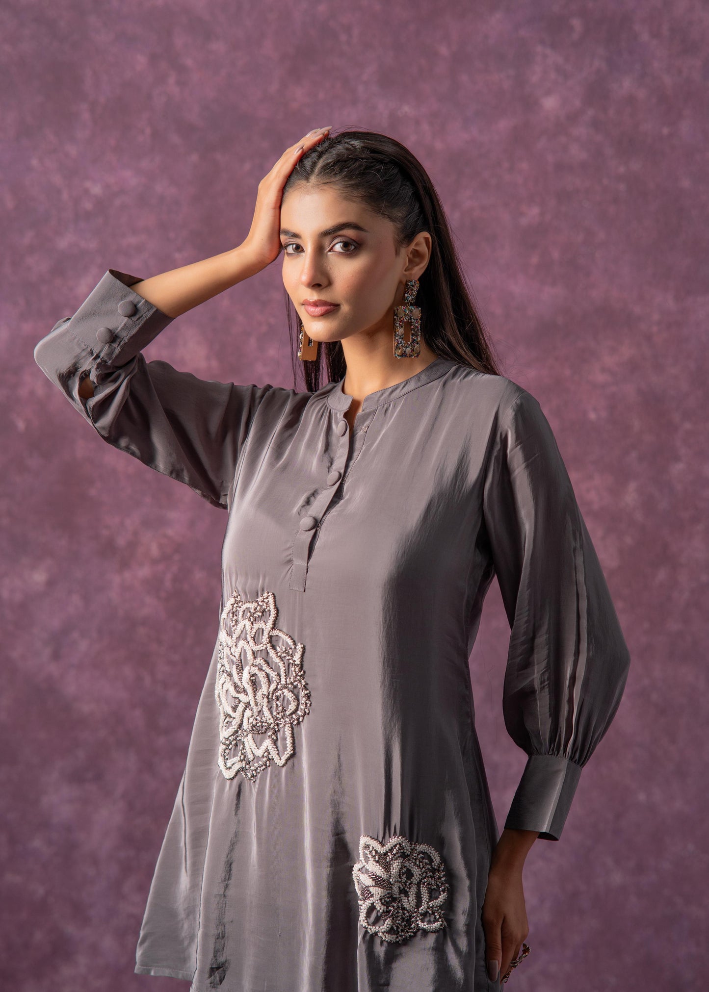 Juniper Viscose Grey Embellished Tunic And Pant Co-Ord Set With Bead Details - Swadesiicart