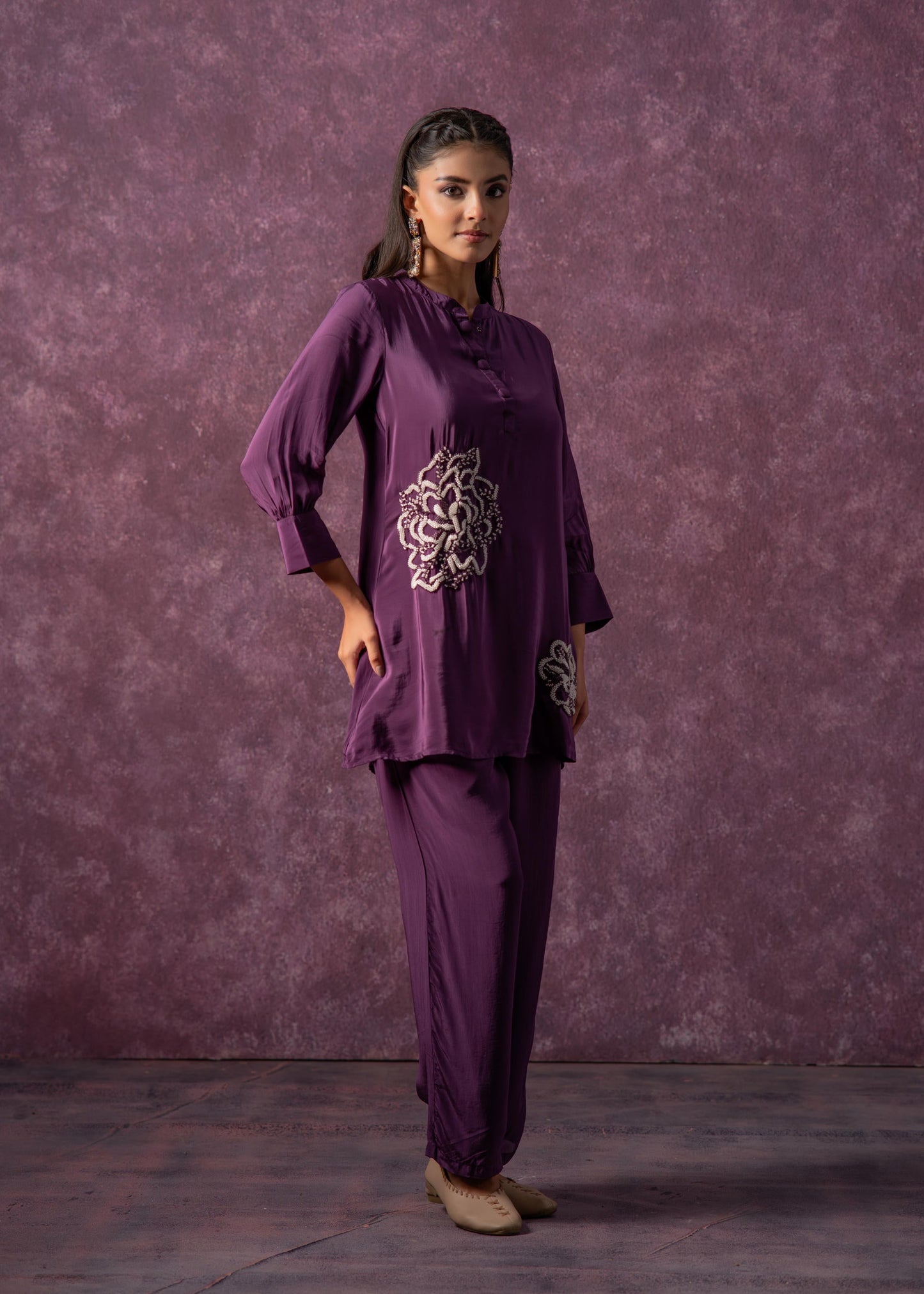 Juniper Viscose Purple Embellished Tunic And Pant Co-Ord Set With Bead Details - Swadesiicart