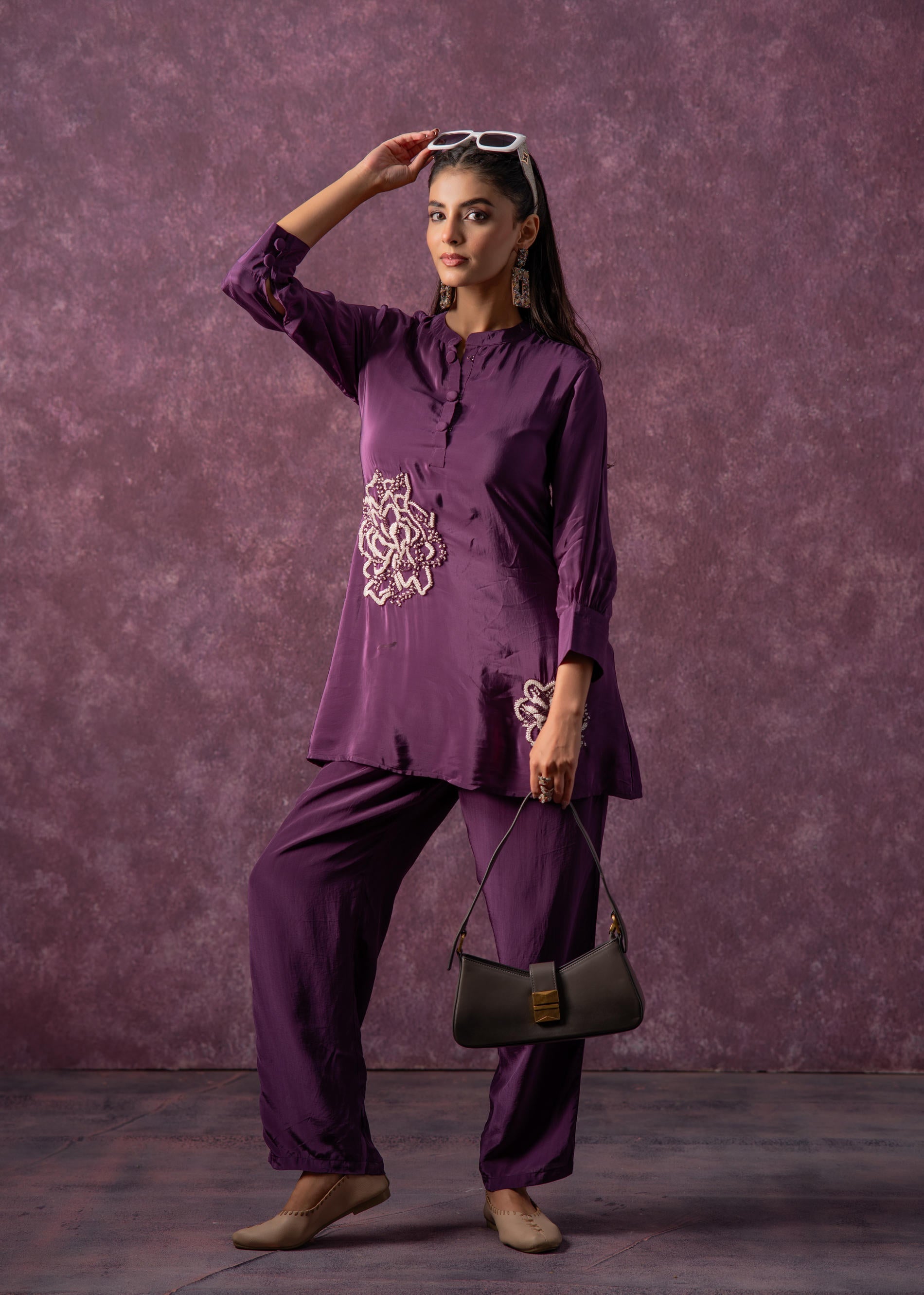 Juniper Viscose Purple Embellished Tunic And Pant Co-Ord Set With Bead Details - Swadesiicart