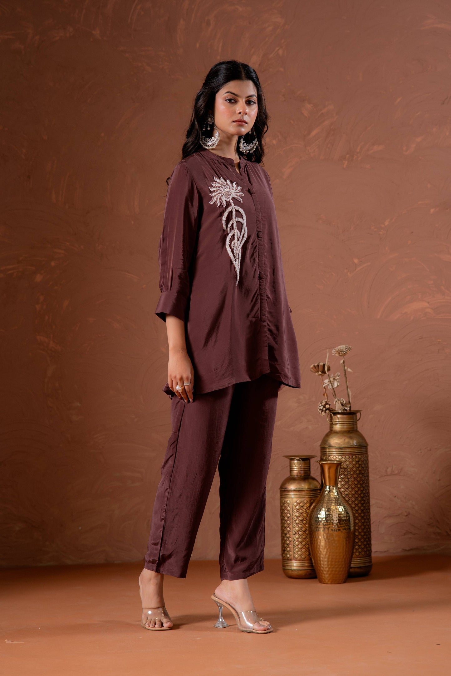 Juniper Coffee Brown Embellished Viscose Co-Ord Set With Bead Detailing - Swadesiicart