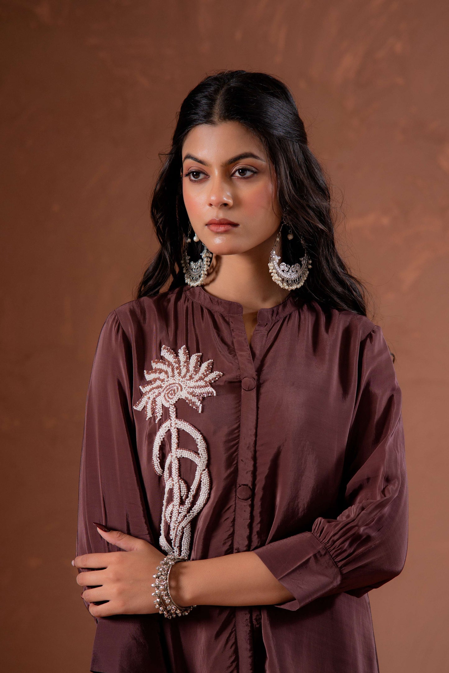 Juniper Coffee Brown Embellished Viscose Co-Ord Set With Bead Detailing - Swadesiicart