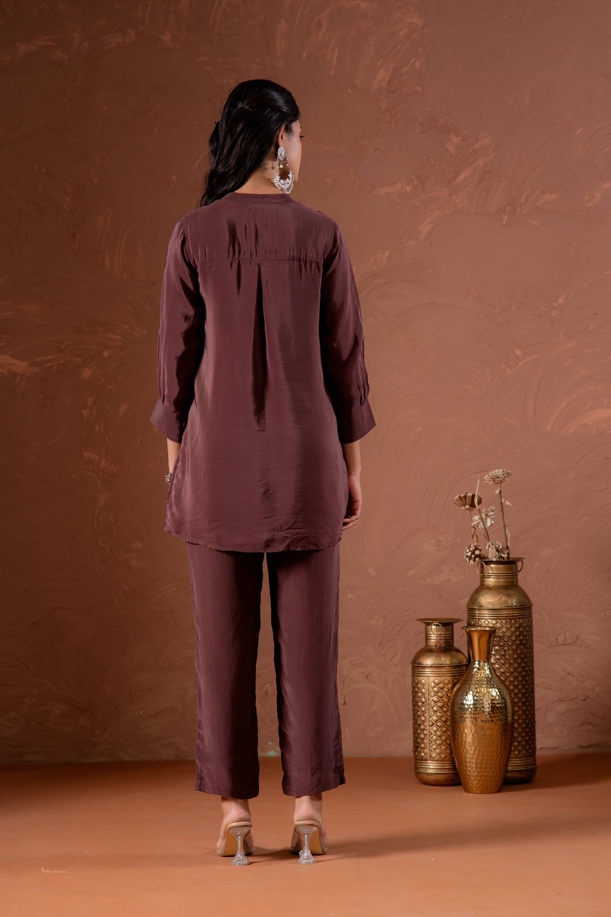 Juniper Coffee Brown Embellished Viscose Co-Ord Set With Bead Detailing - Swadesiicart
