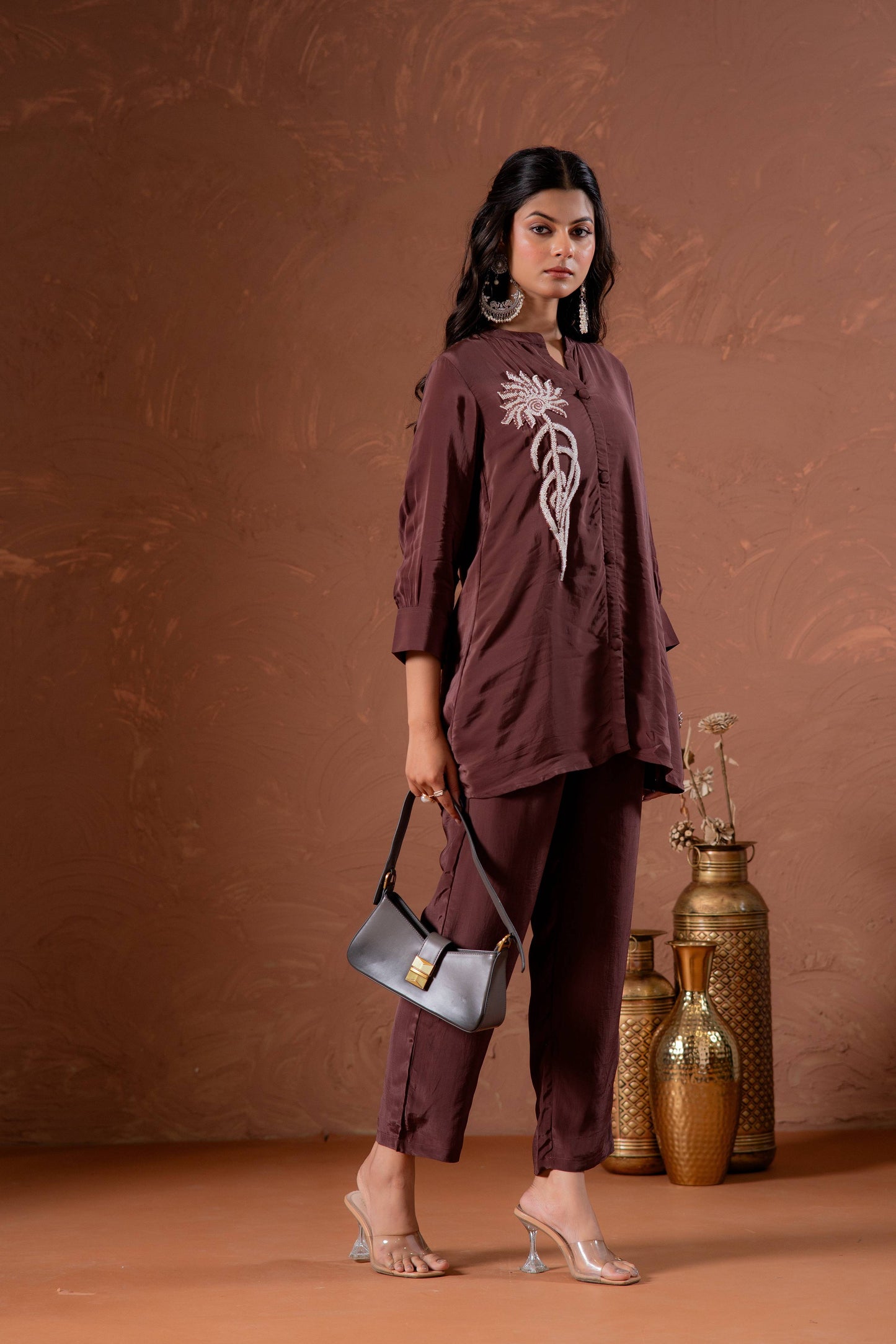 Juniper Coffee Brown Embellished Viscose Co-Ord Set With Bead Detailing - Swadesiicart