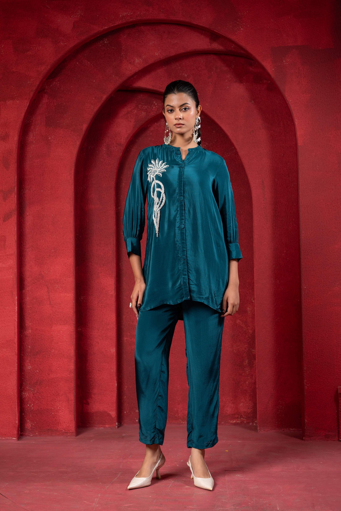 Juniper Teal Embellished Viscose Co-Ord Set With Bead Detailing - Swadesiicart