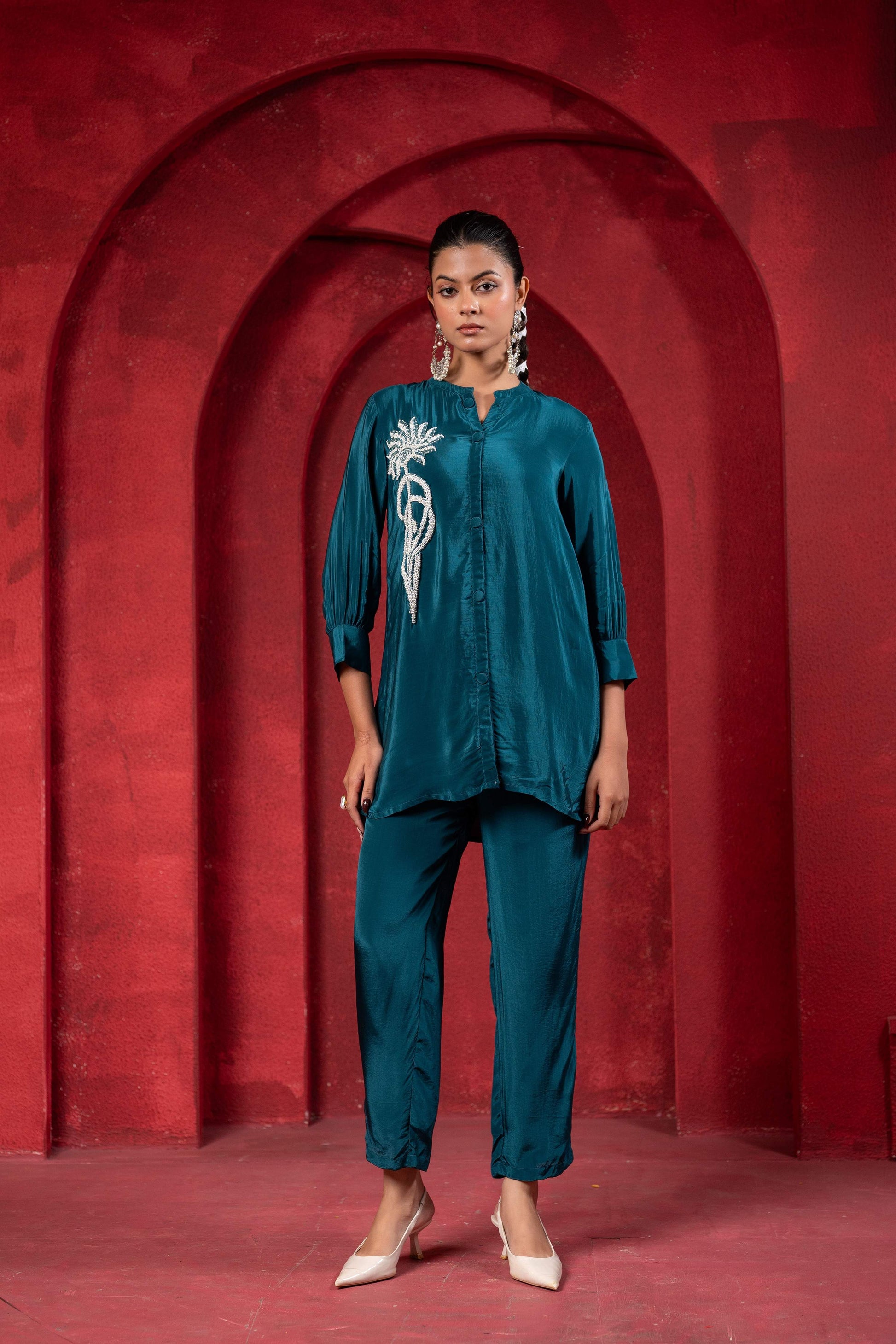 Juniper Teal Embellished Viscose Co-Ord Set With Bead Detailing - Swadesiicart