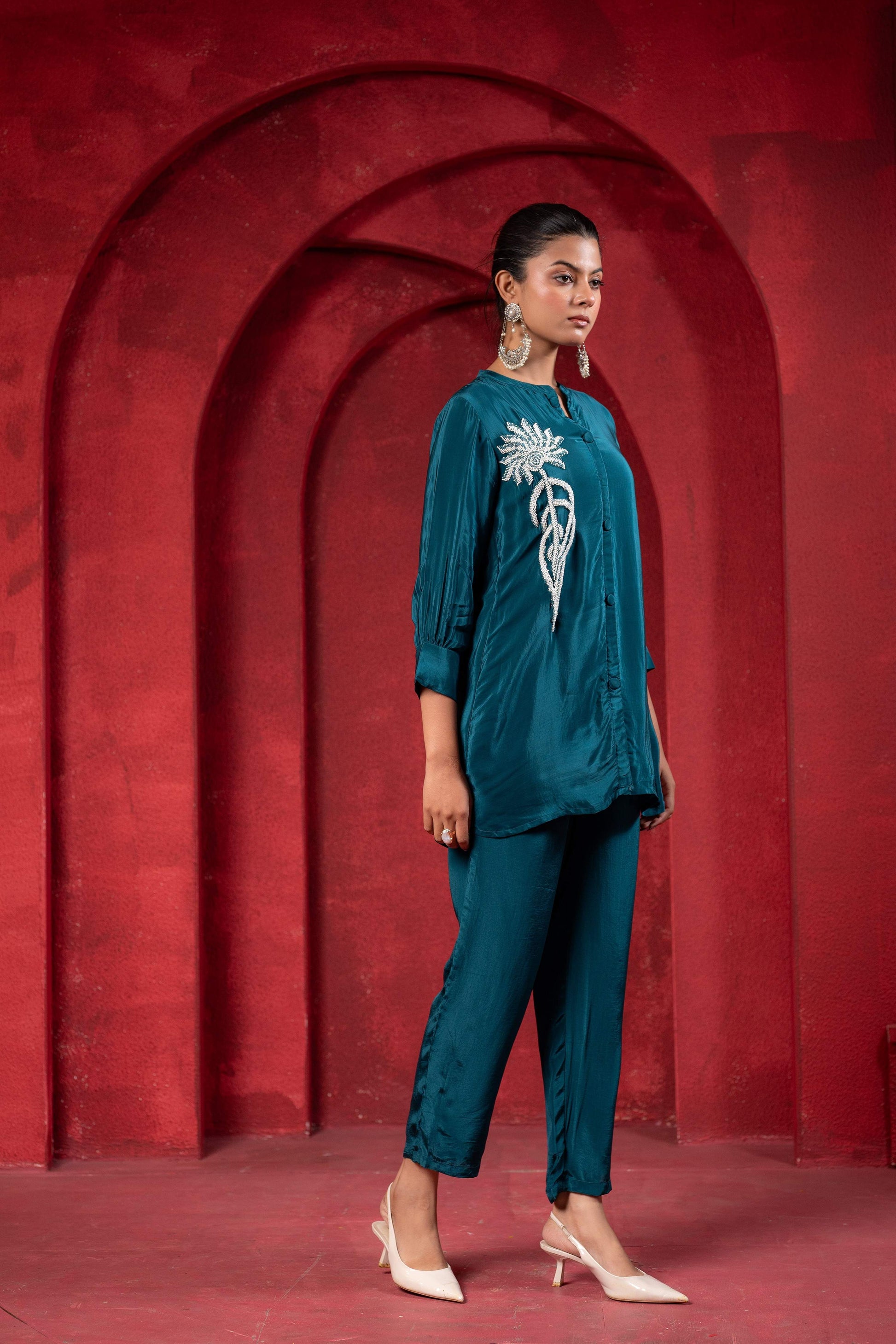 Juniper Teal Embellished Viscose Co-Ord Set With Bead Detailing - Swadesiicart