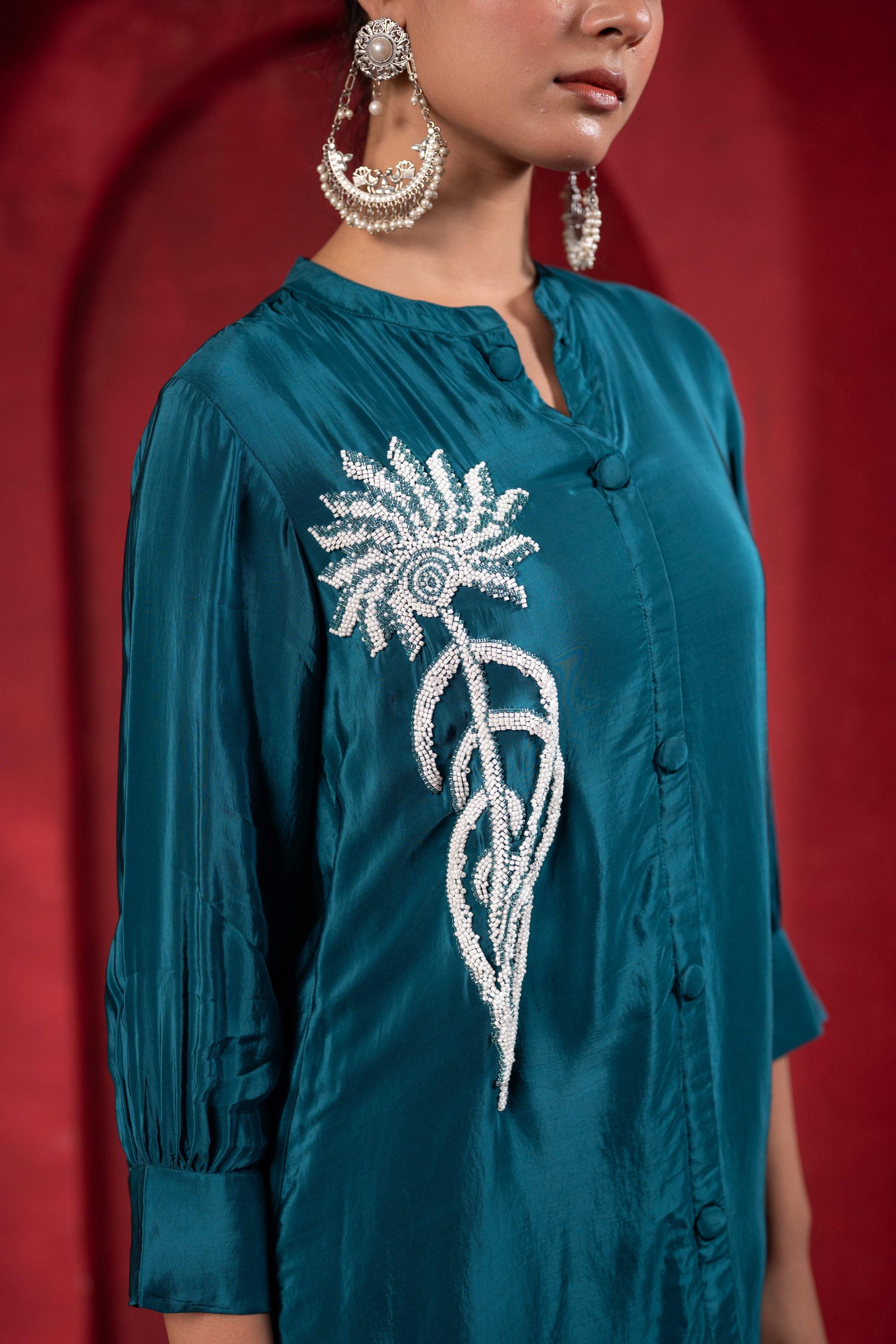 Juniper Teal Embellished Viscose Co-Ord Set With Bead Detailing - Swadesiicart