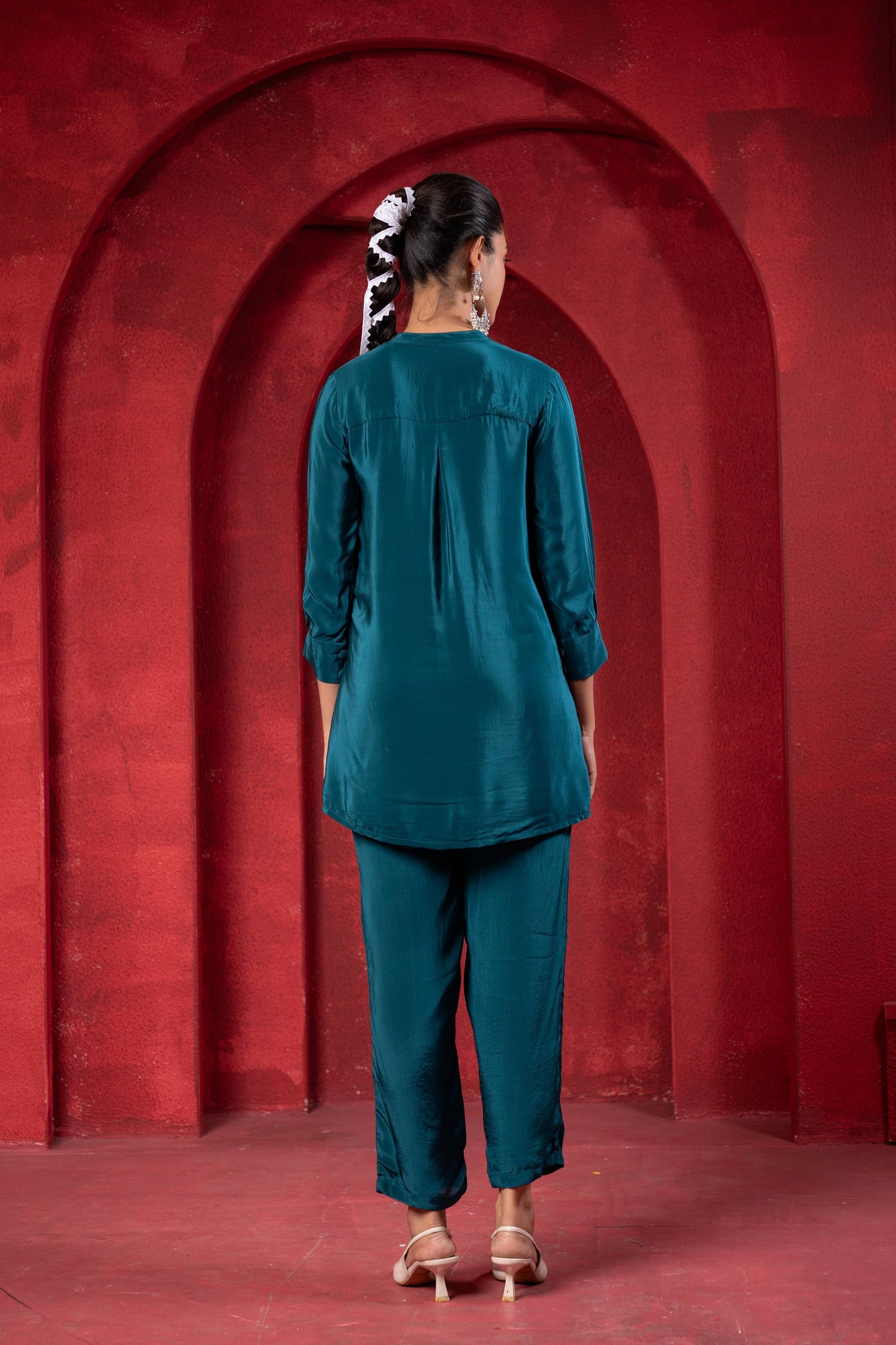 Juniper Teal Embellished Viscose Co-Ord Set With Bead Detailing - Swadesiicart