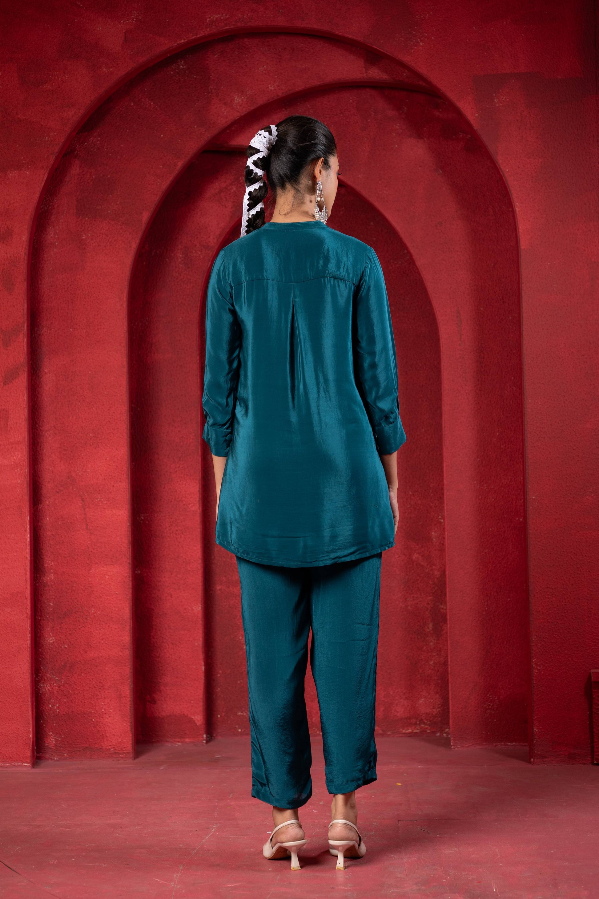 Juniper Teal Embellished Viscose Co-Ord Set With Bead Detailing - Swadesiicart