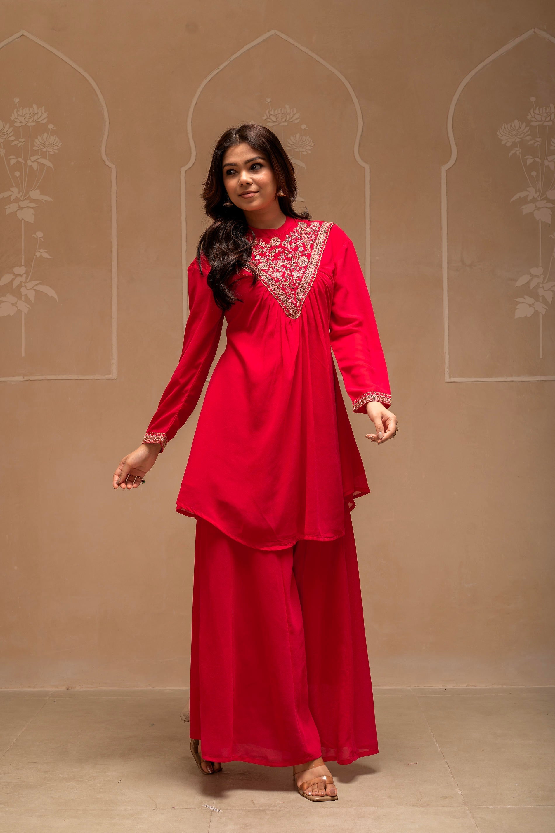 Juniper Fuchsia Solid Poly Georgette Tunic And Sharara Co-Ord Set With Sequence And Zari Work - Swadesiicart