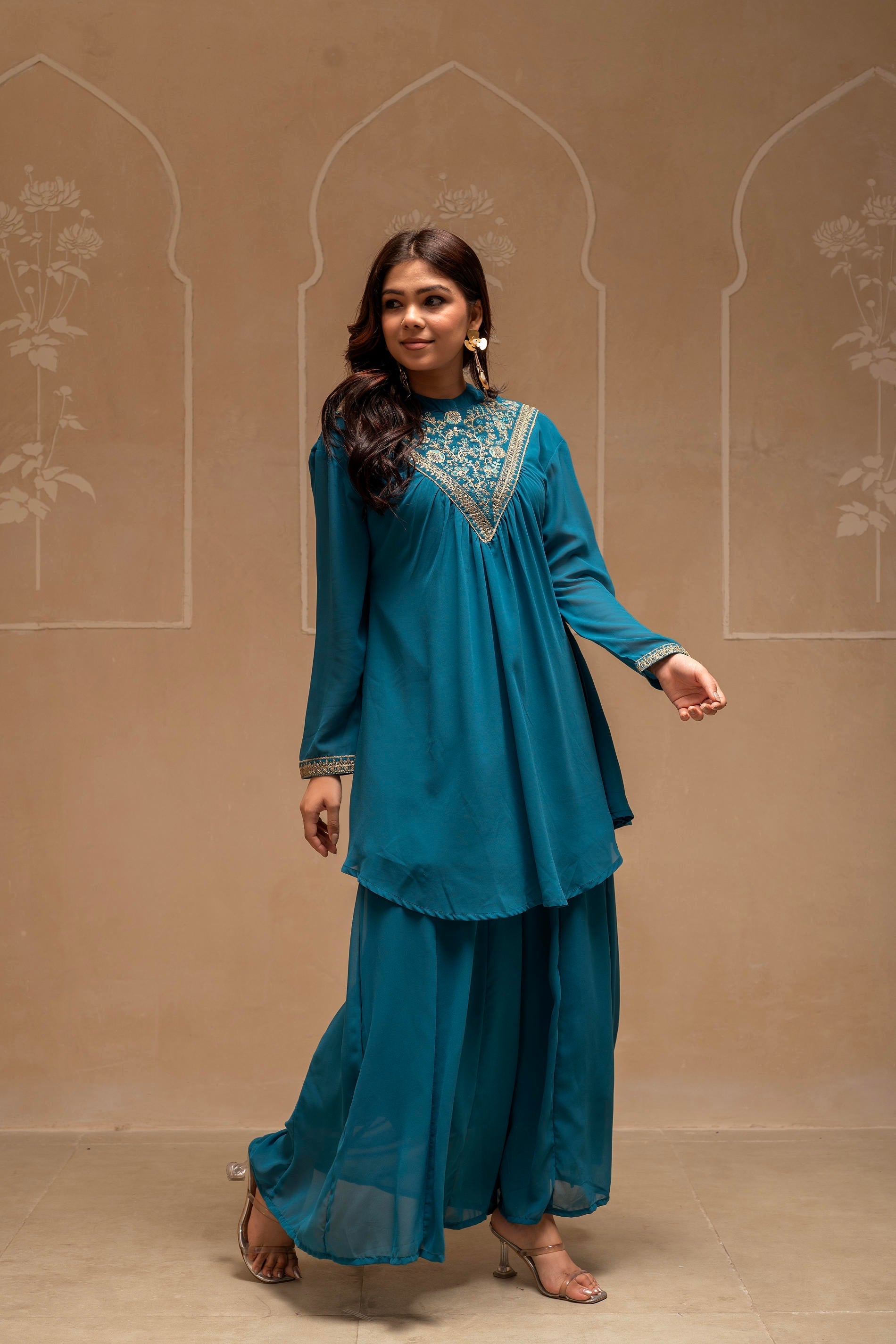Juniper Teal Solid Poly Georgette Tunic And Sharara Co-Ord Set With Sequence And Zari Work - Swadesiicart
