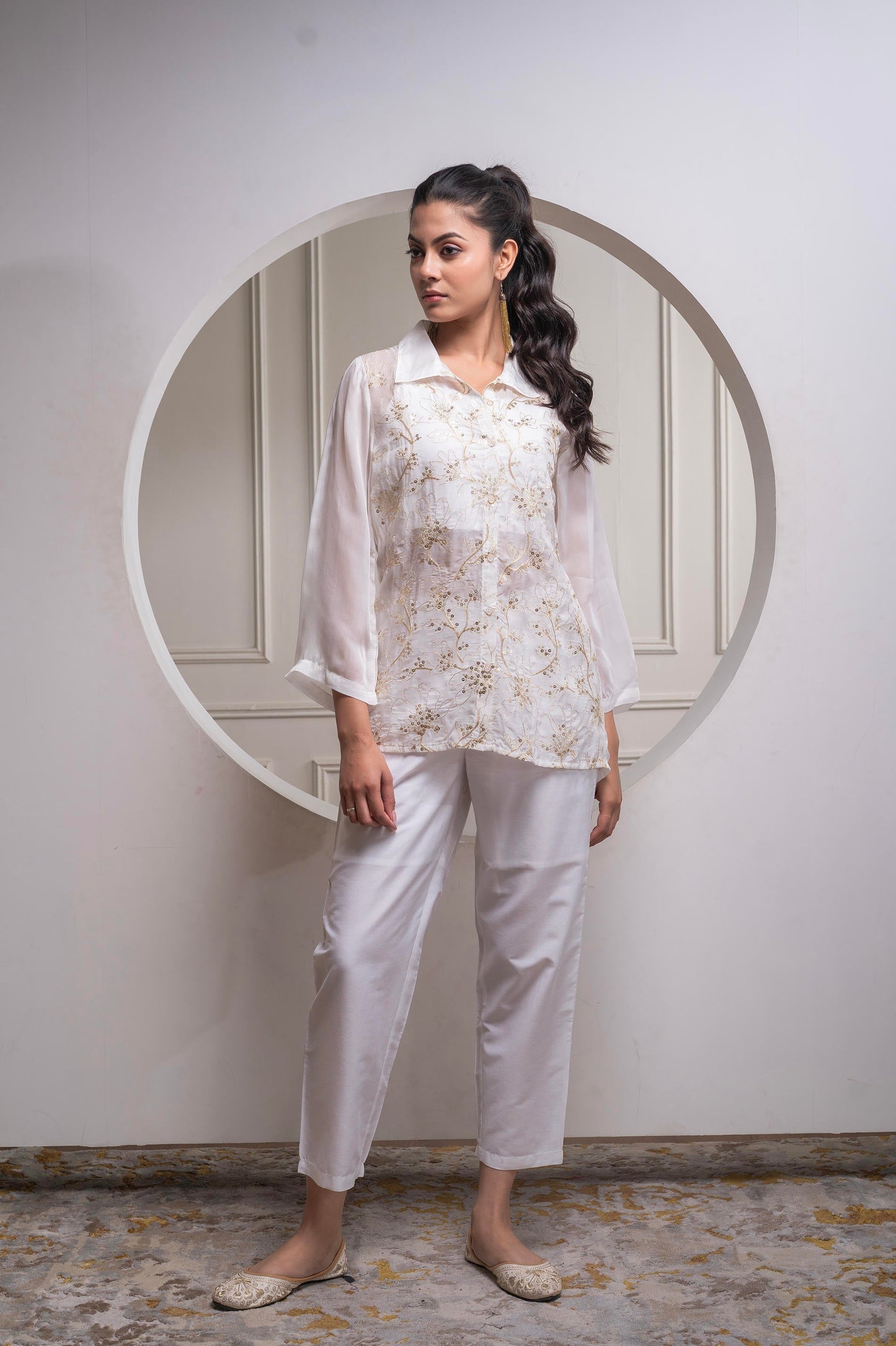 Juniper Viscose Off White Embroidered Shirt, Cami & Pant Co-Ord Set With Zari Work - Swadesiicart
