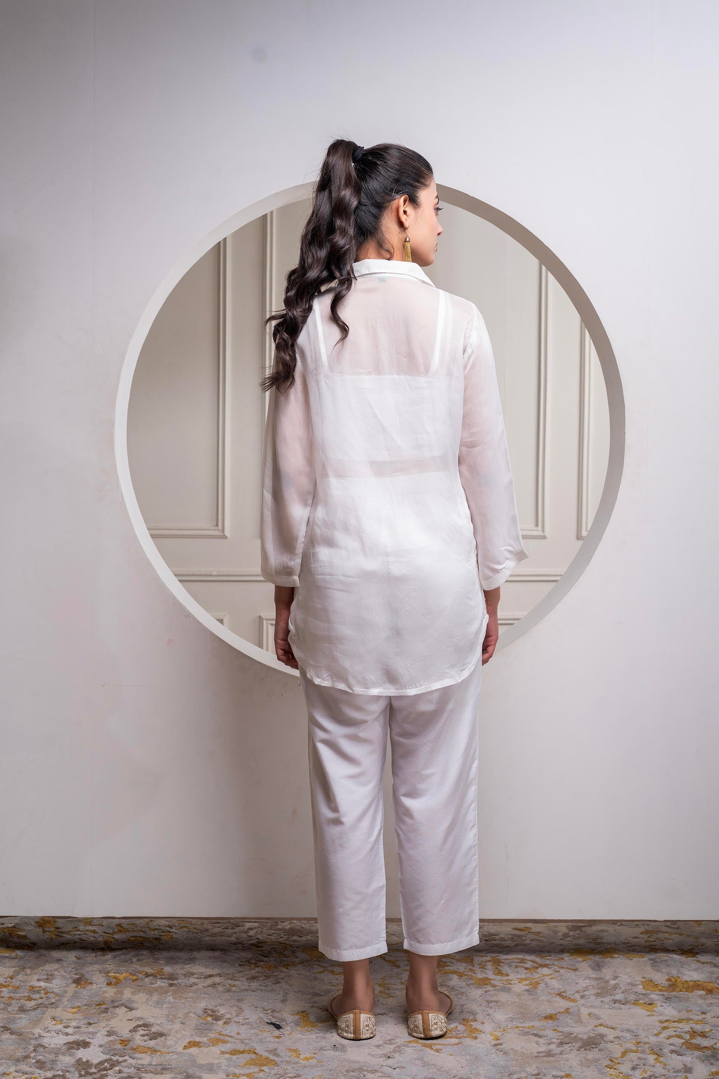 Juniper Viscose Off White Embroidered Shirt, Cami & Pant Co-Ord Set With Zari Work - Swadesiicart