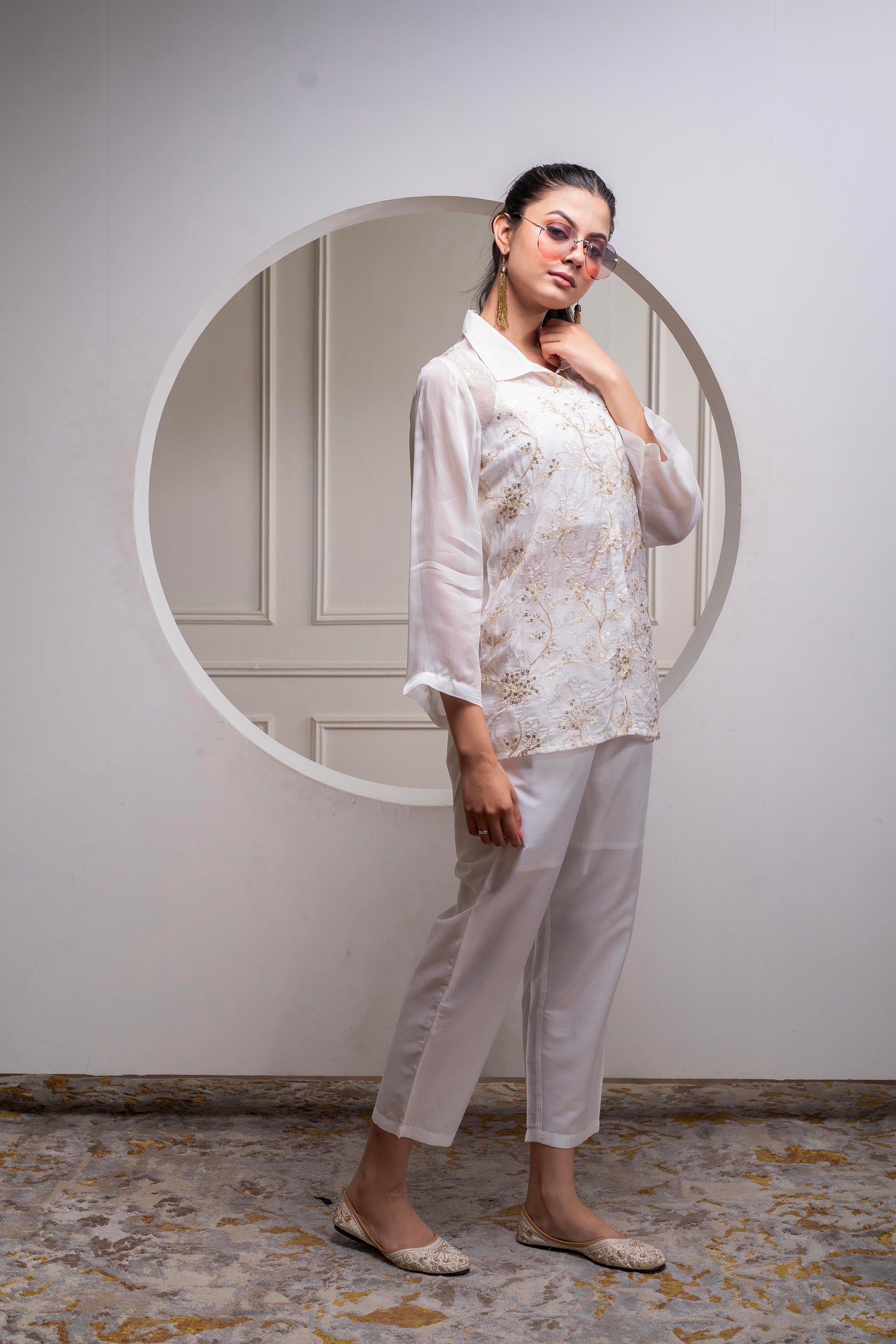 Juniper Viscose Off White Embroidered Shirt, Cami & Pant Co-Ord Set With Zari Work - Swadesiicart