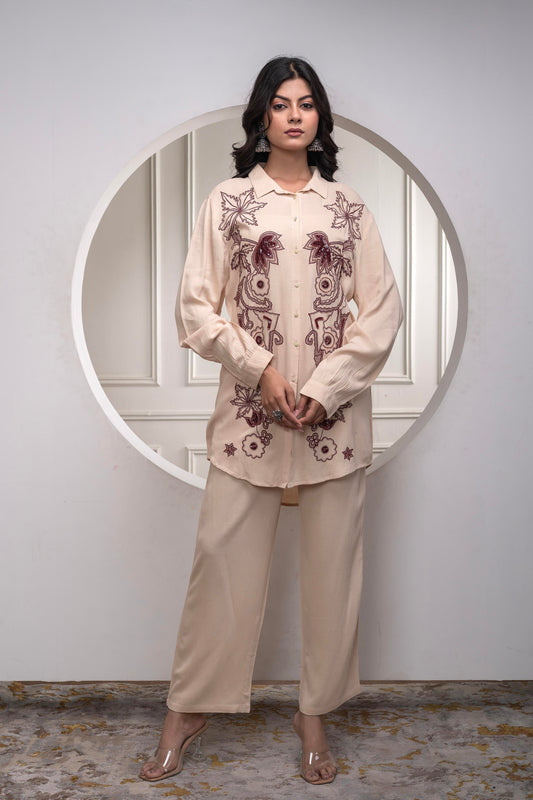 Juniper Viscose Linen Cream Maroon Embellished Shirt And Pant Co-Ord Set With Sequin & Bead Details - Swadesiicart