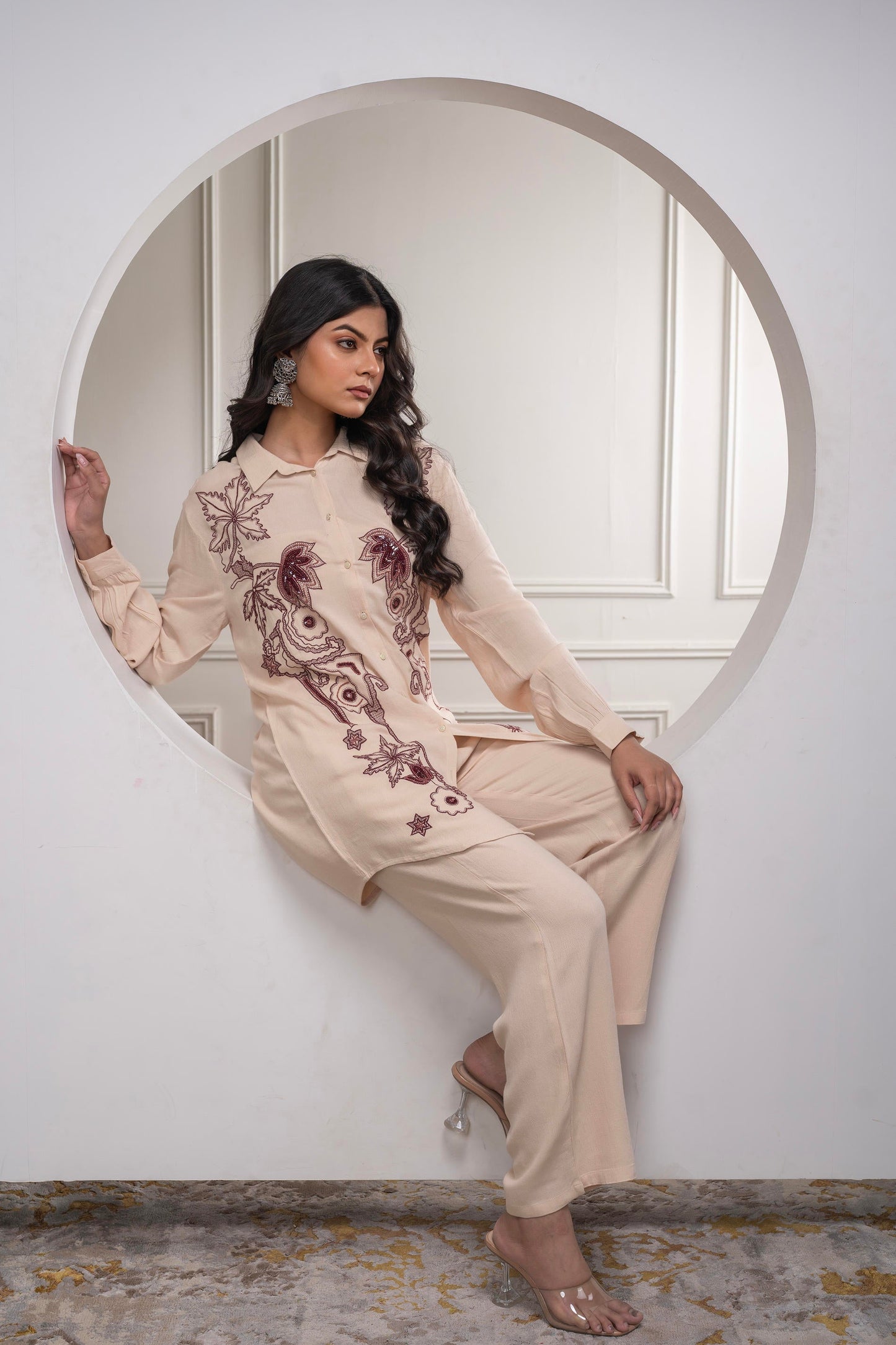 Juniper Viscose Linen Cream Maroon Embellished Shirt And Pant Co-Ord Set With Sequin & Bead Details - Swadesiicart