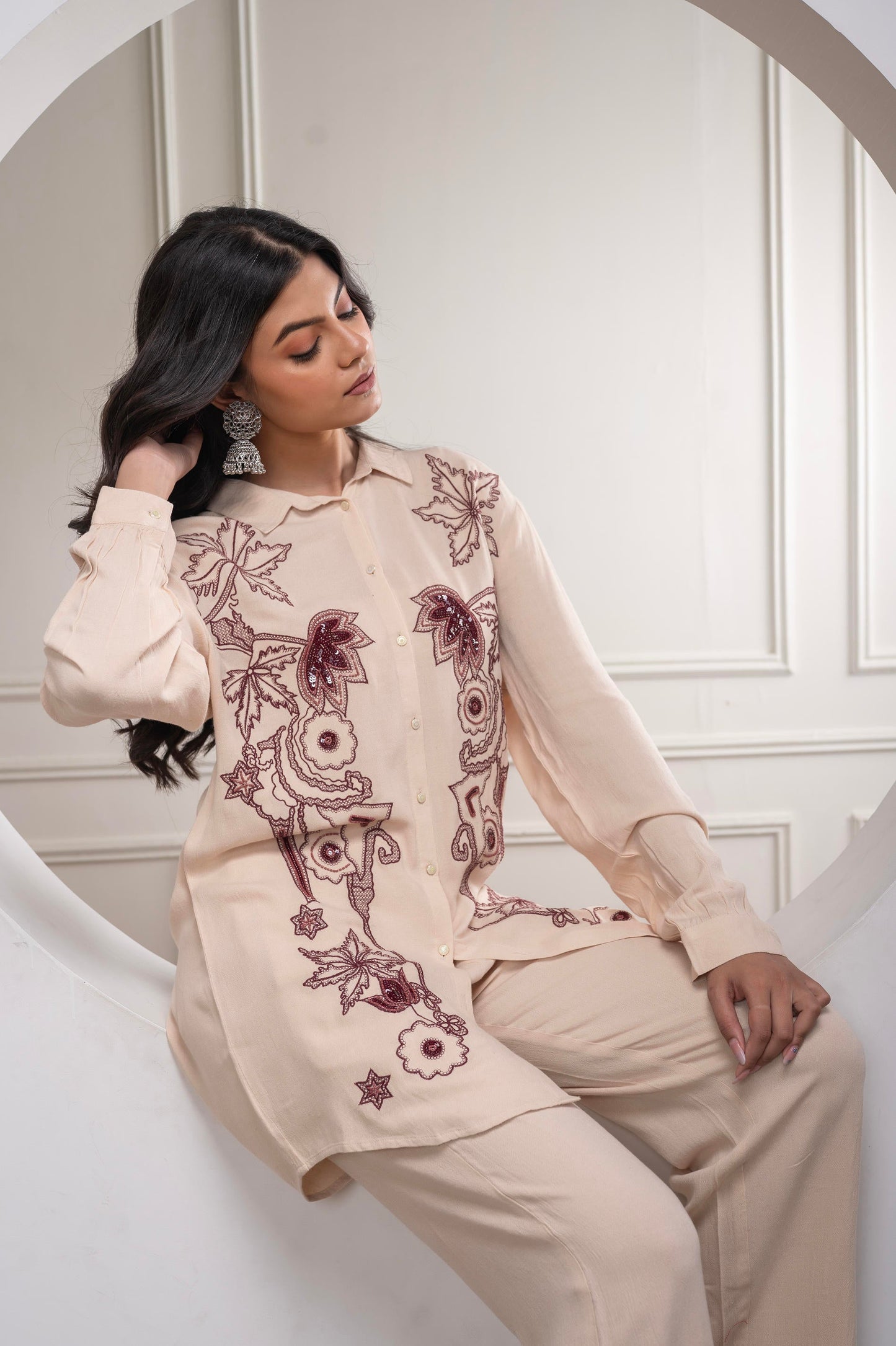 Juniper Viscose Linen Cream Maroon Embellished Shirt And Pant Co-Ord Set With Sequin & Bead Details - Swadesiicart