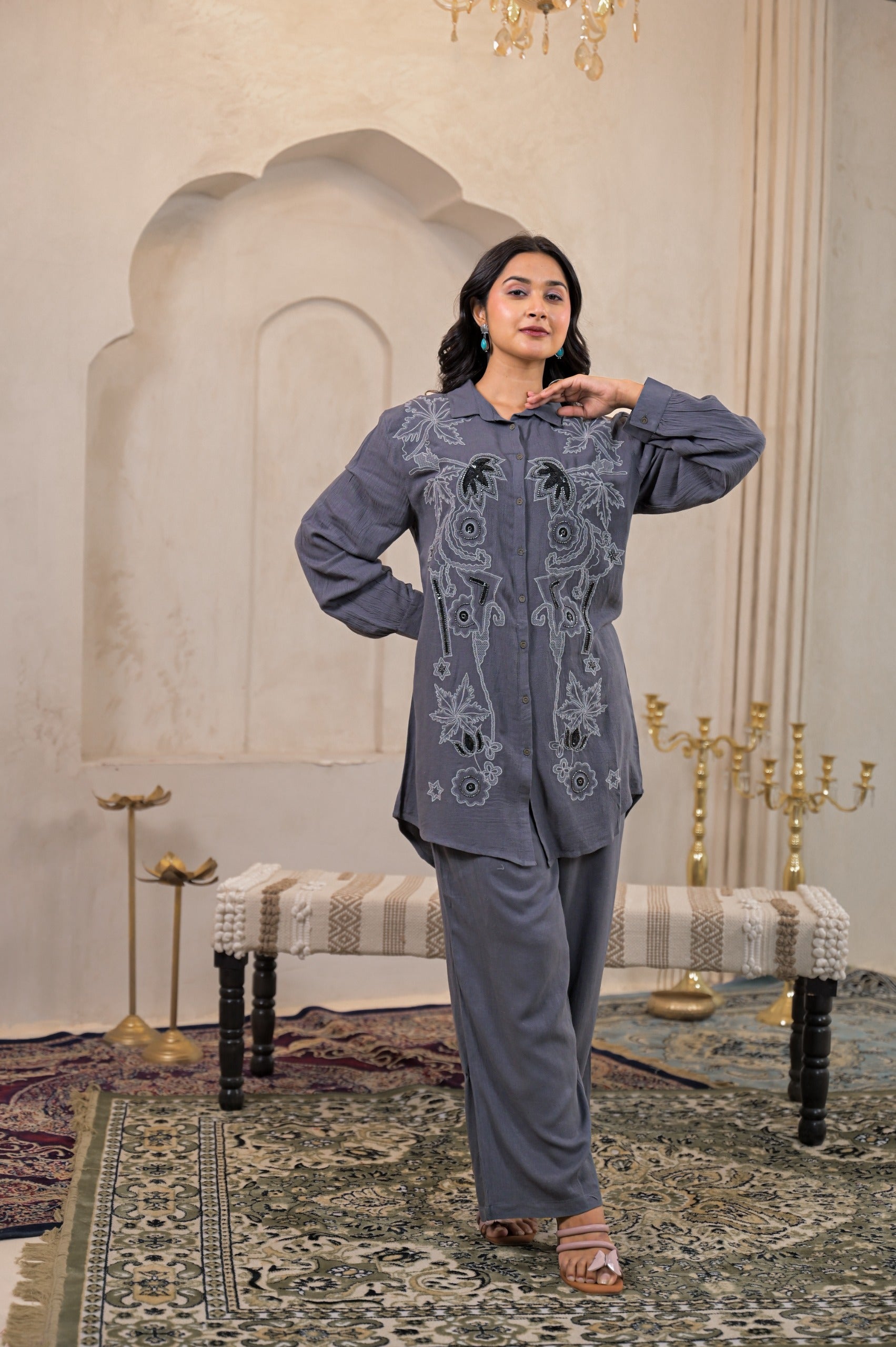 Juniper Viscose Linen Grey Embellished Shirt And Pant Co-Ord Set With Sequin & Bead Details - Swadesiicart