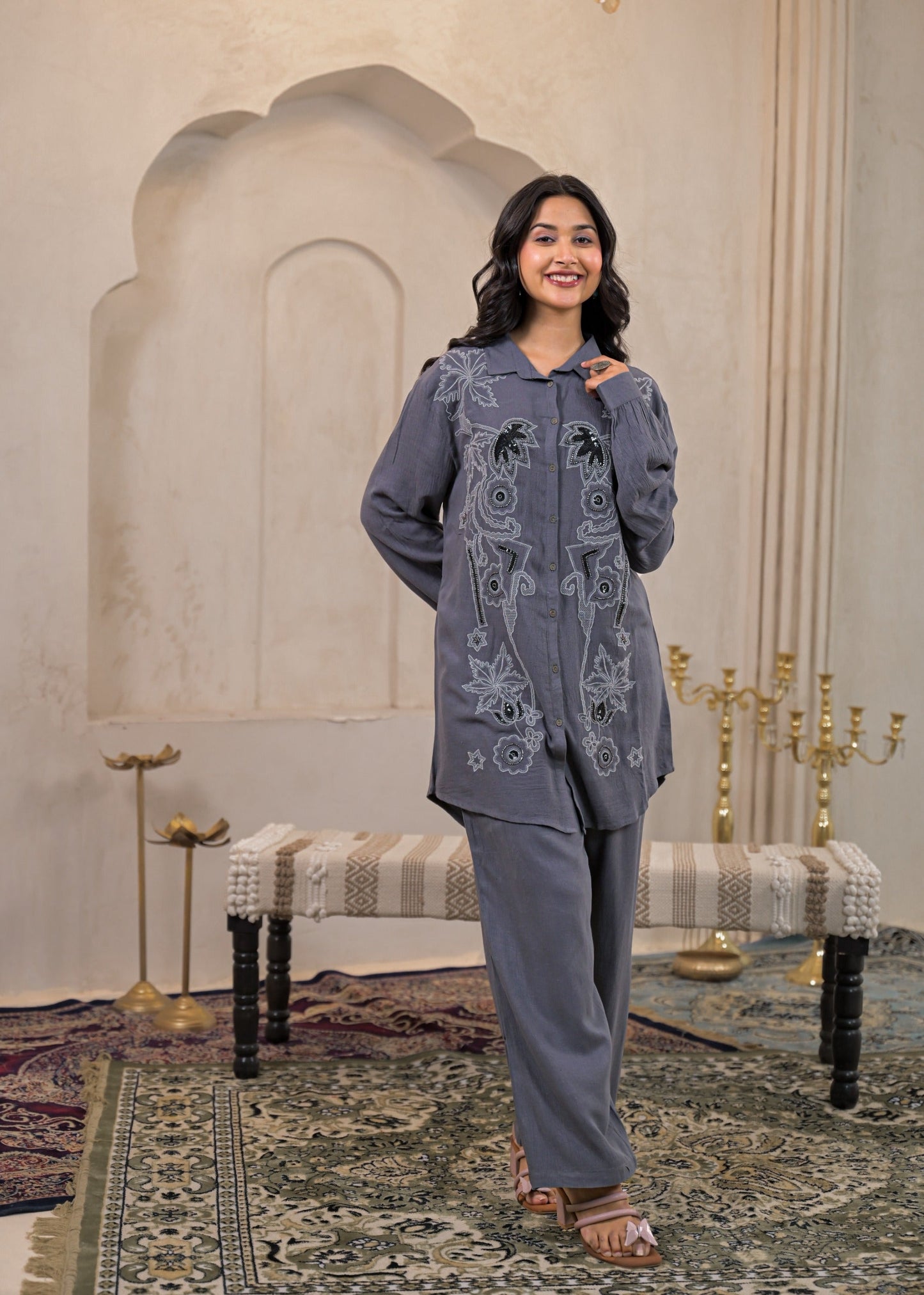 Juniper Viscose Linen Grey Embellished Shirt And Pant Co-Ord Set With Sequin & Bead Details - Swadesiicart