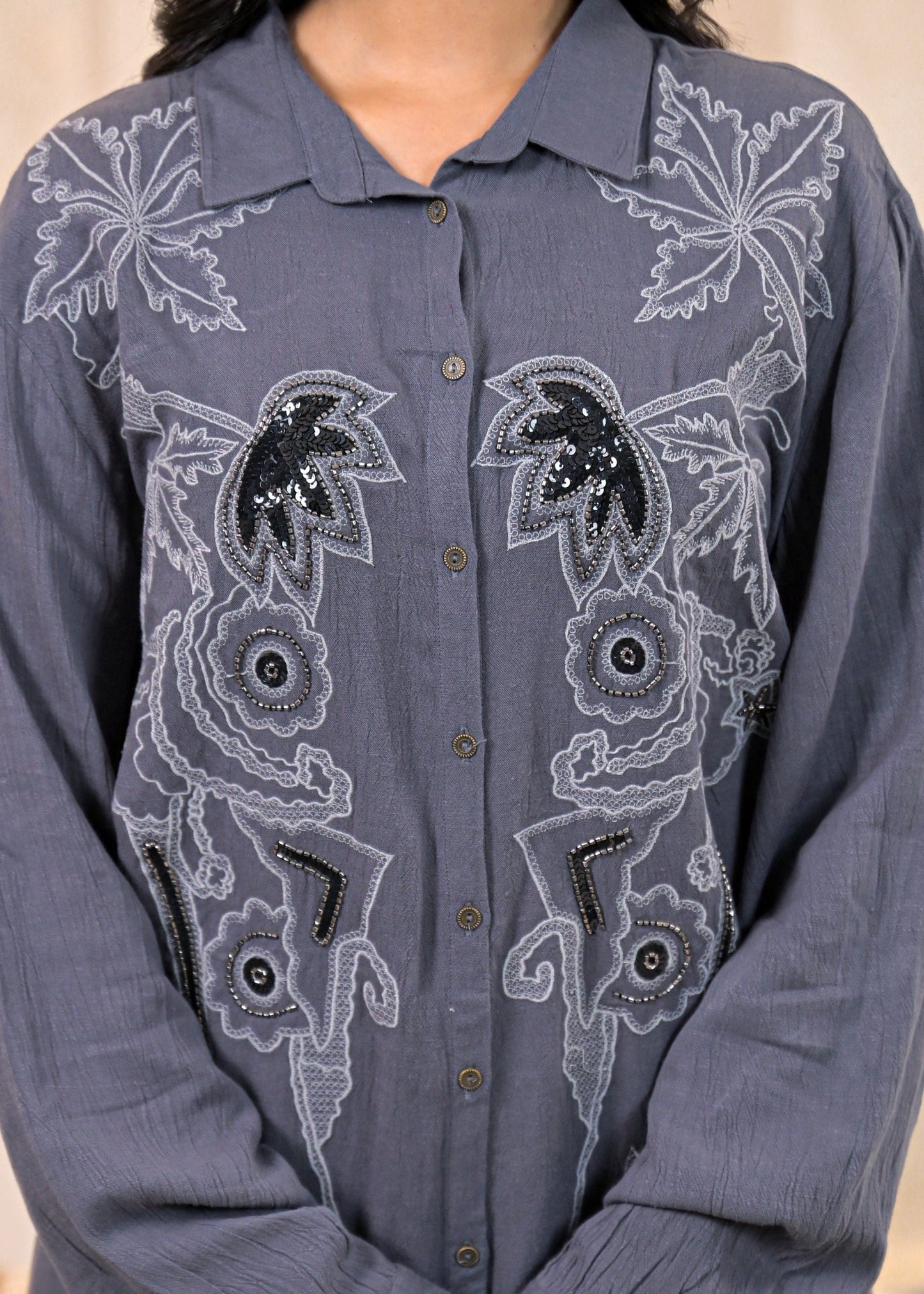 Juniper Viscose Linen Grey Embellished Shirt And Pant Co-Ord Set With Sequin & Bead Details - Swadesiicart