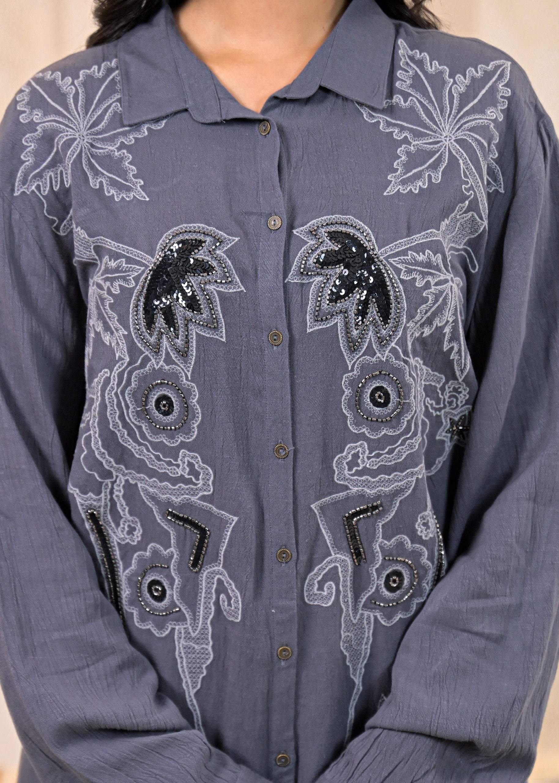 Juniper Viscose Linen Grey Embellished Shirt And Pant Co-Ord Set With Sequin & Bead Details - Swadesiicart