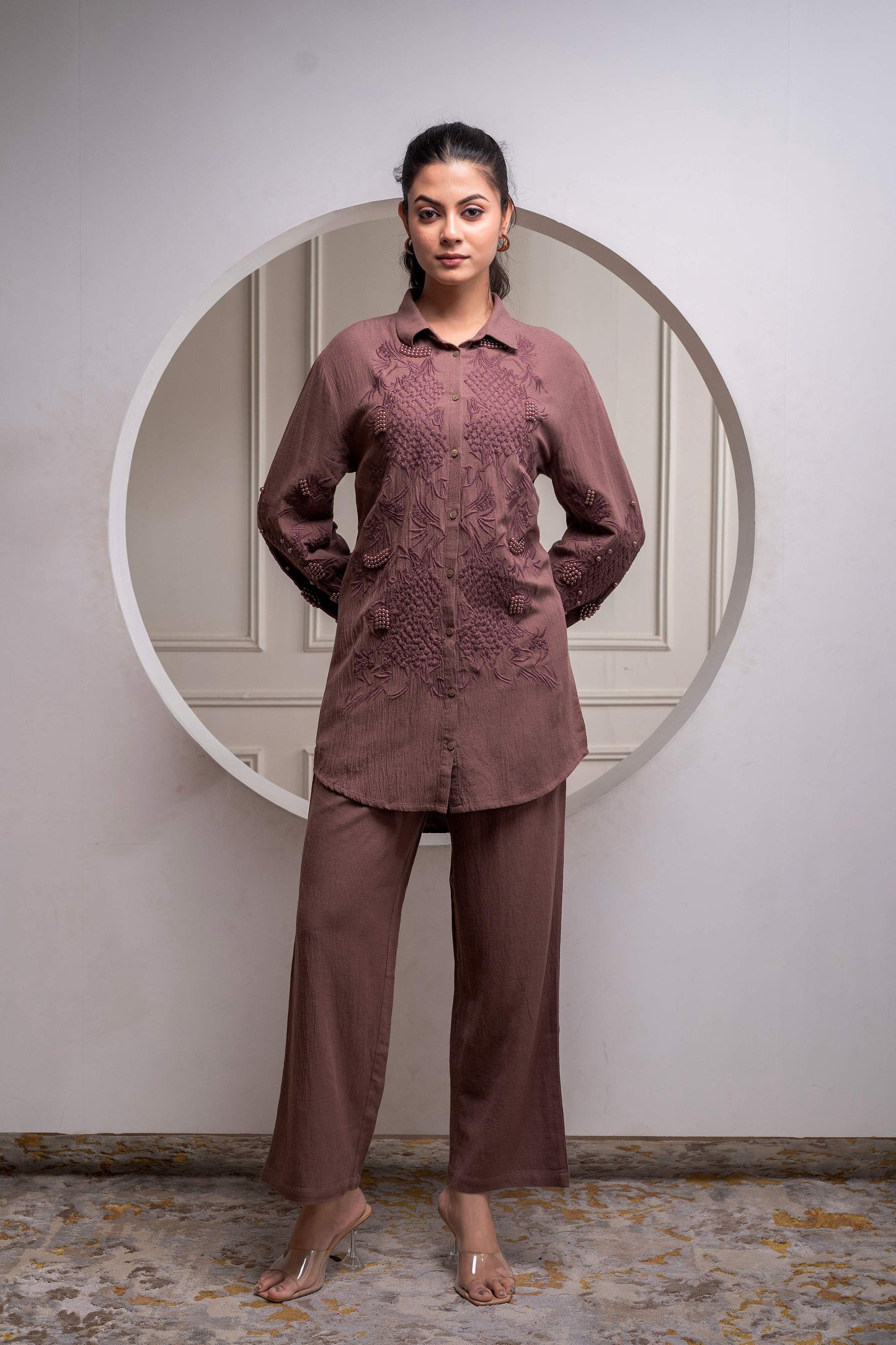 Juniper Brown Embellished Viscose Co-Ord Set With Bead Details - Swadesiicart