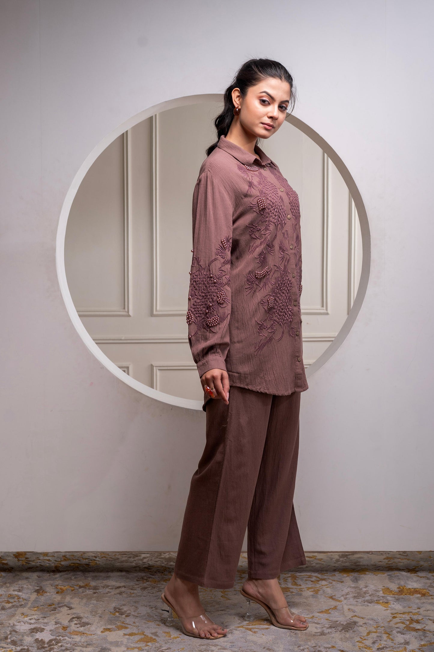 Juniper Brown Embellished Viscose Co-Ord Set With Bead Details - Swadesiicart
