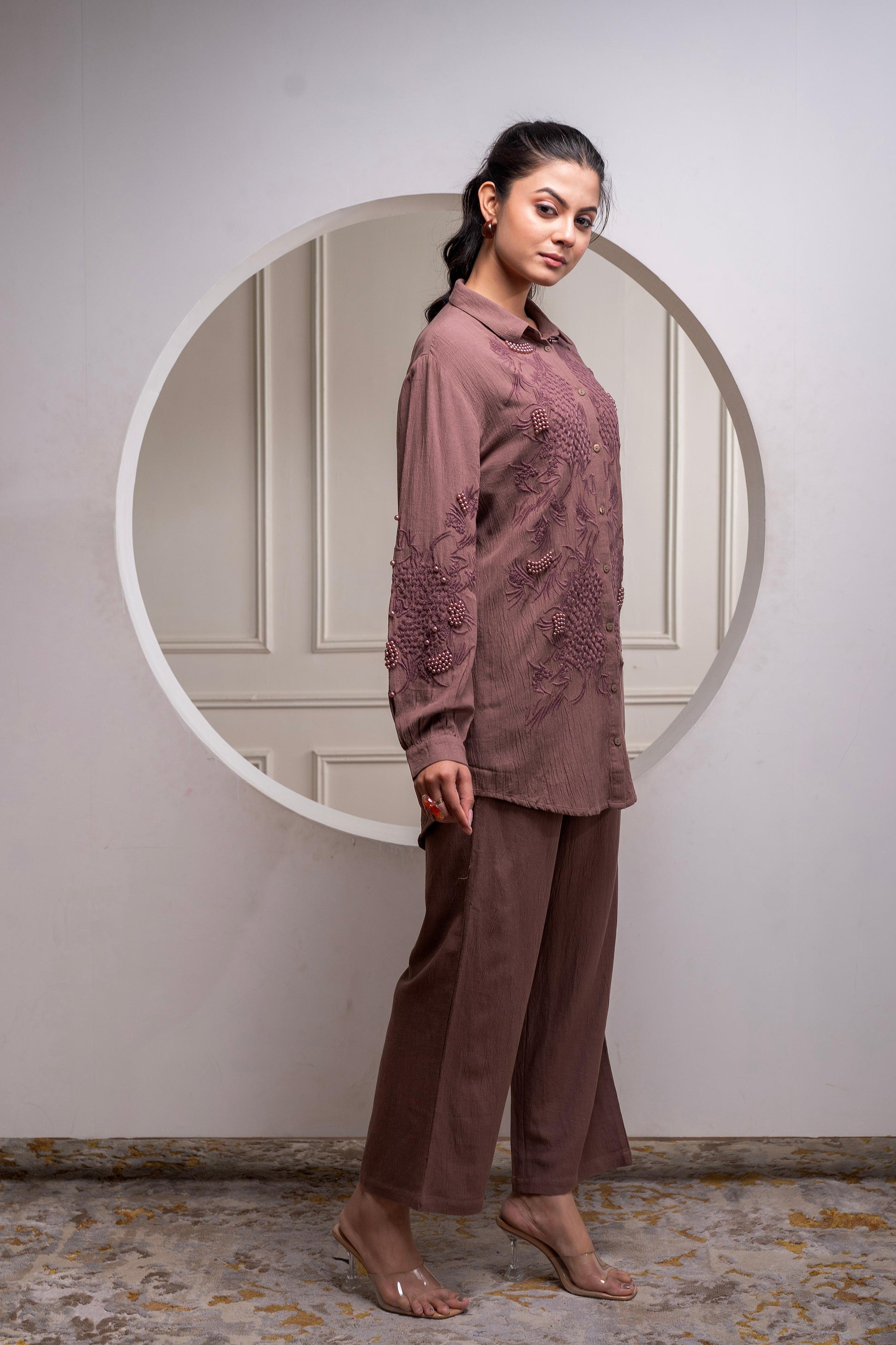 Juniper Brown Embellished Viscose Co-Ord Set With Bead Details - Swadesiicart