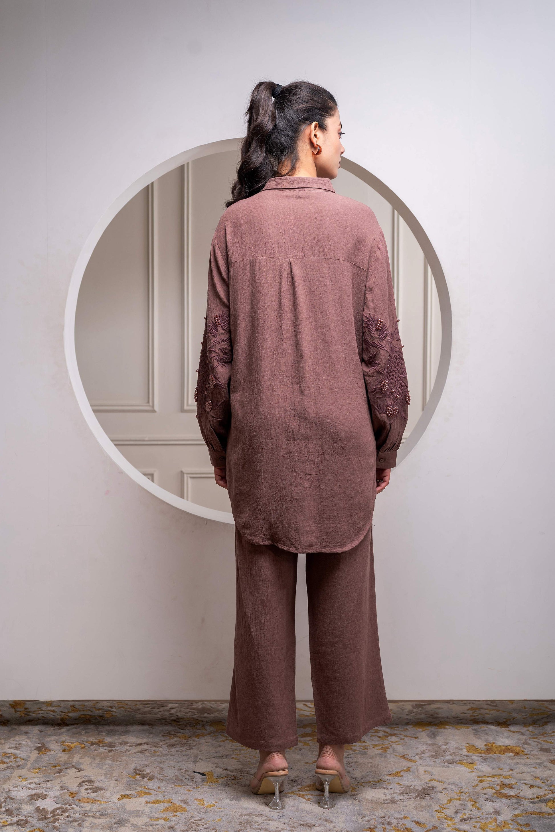 Juniper Brown Embellished Viscose Co-Ord Set With Bead Details - Swadesiicart
