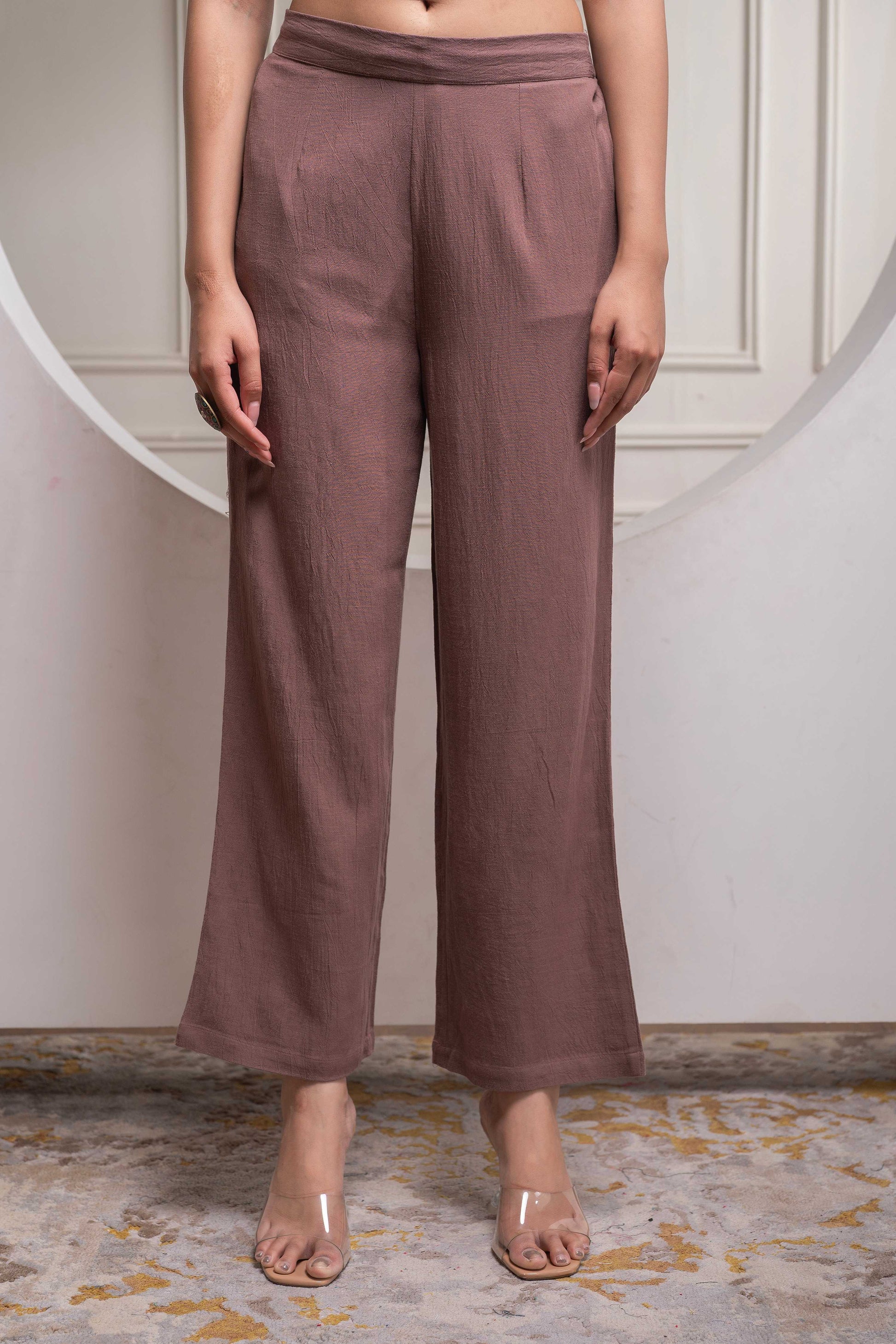 Juniper Brown Embellished Viscose Co-Ord Set With Bead Details - Swadesiicart