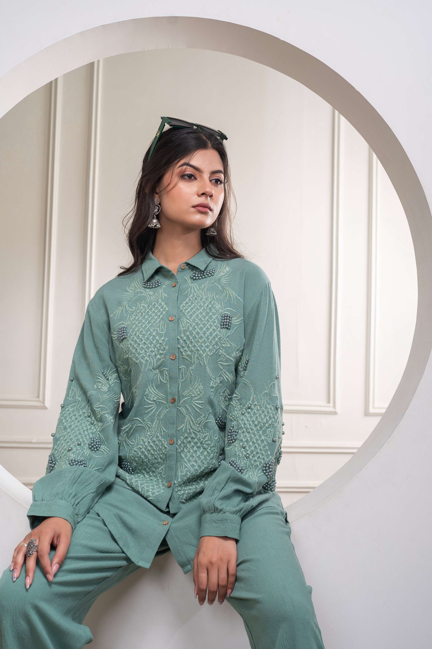 Juniper Sage Green Embellished Viscose Co-Ord Set With Bead Details - Swadesiicart
