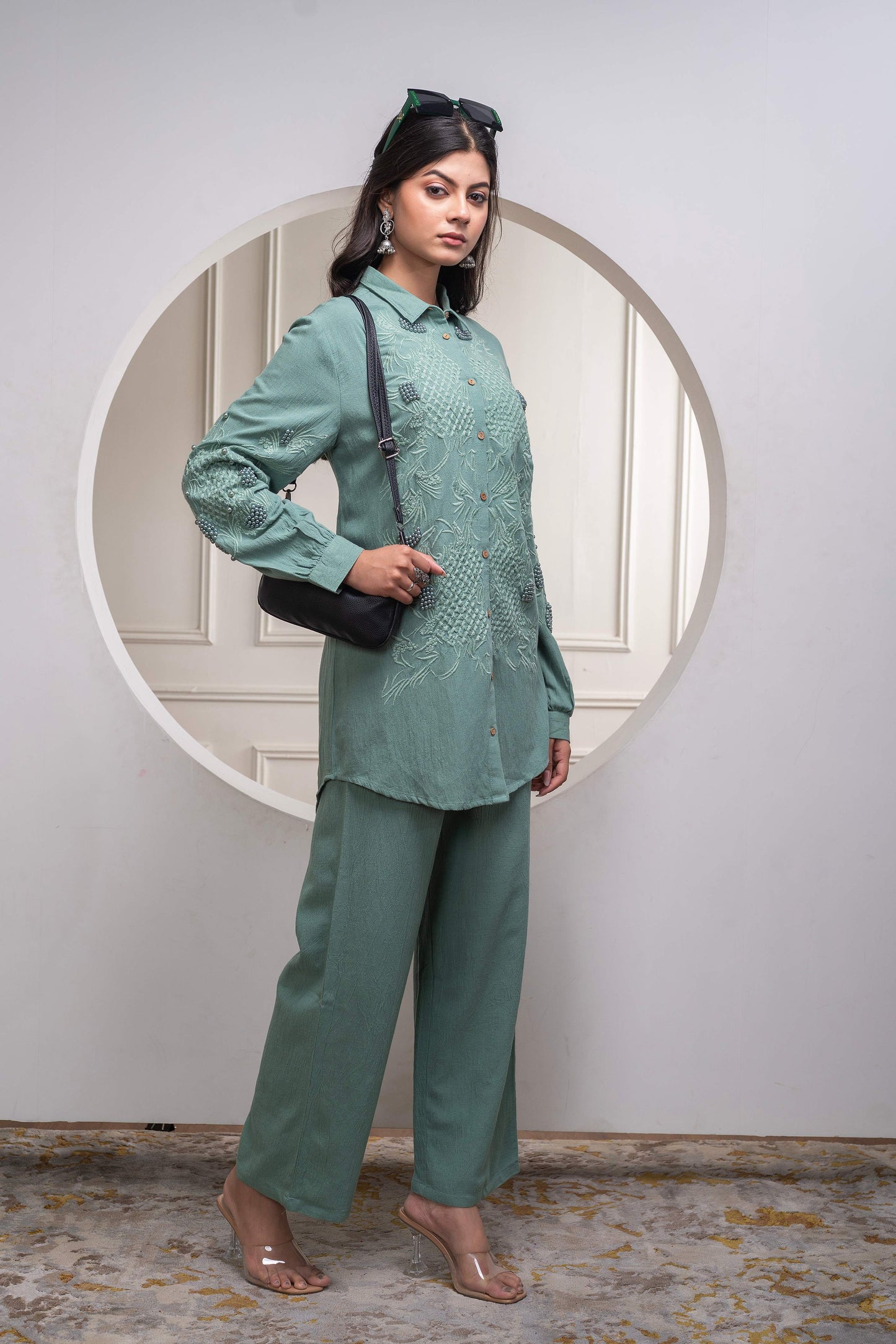 Juniper Sage Green Embellished Viscose Co-Ord Set With Bead Details - Swadesiicart