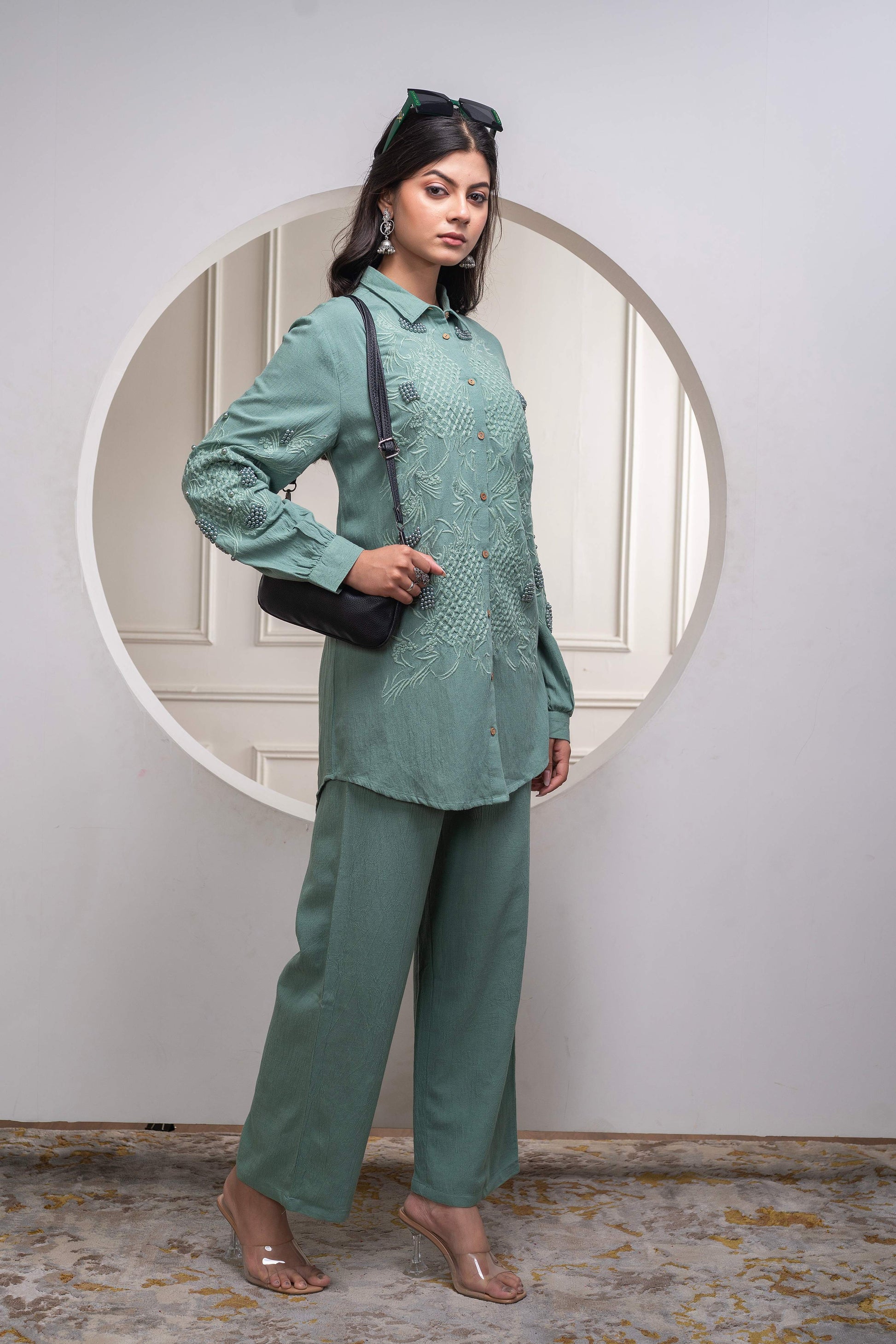 Juniper Sage Green Embellished Viscose Co-Ord Set With Bead Details - Swadesiicart