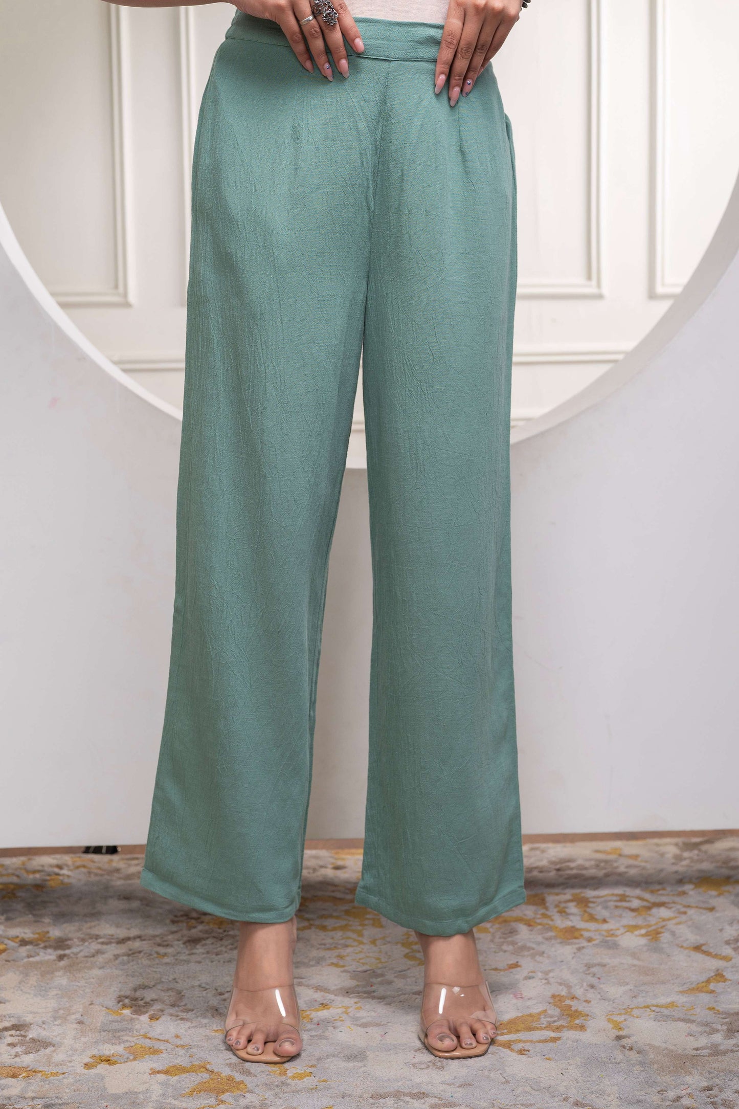 Juniper Sage Green Embellished Viscose Co-Ord Set With Bead Details - Swadesiicart