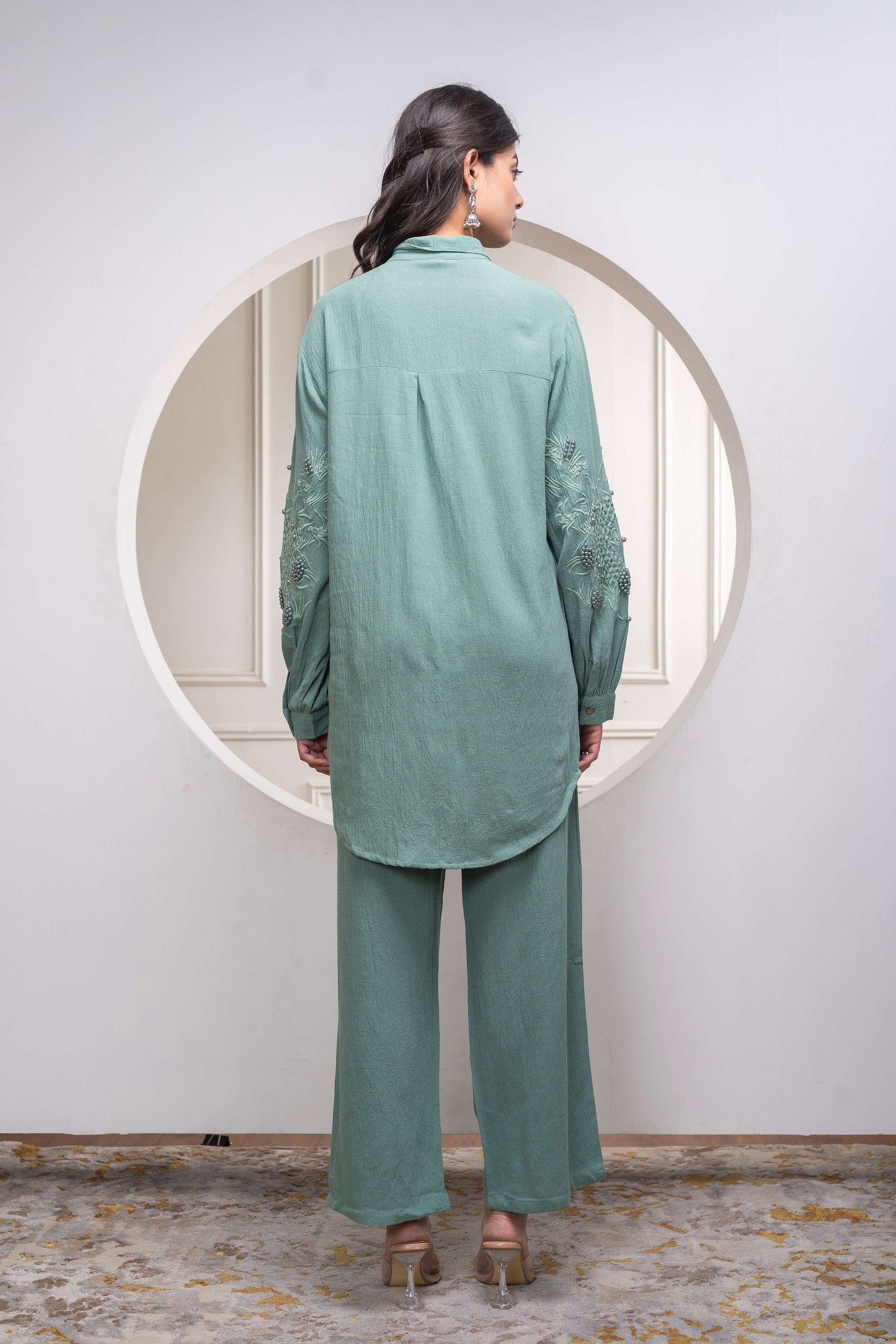 Juniper Sage Green Embellished Viscose Co-Ord Set With Bead Details - Swadesiicart