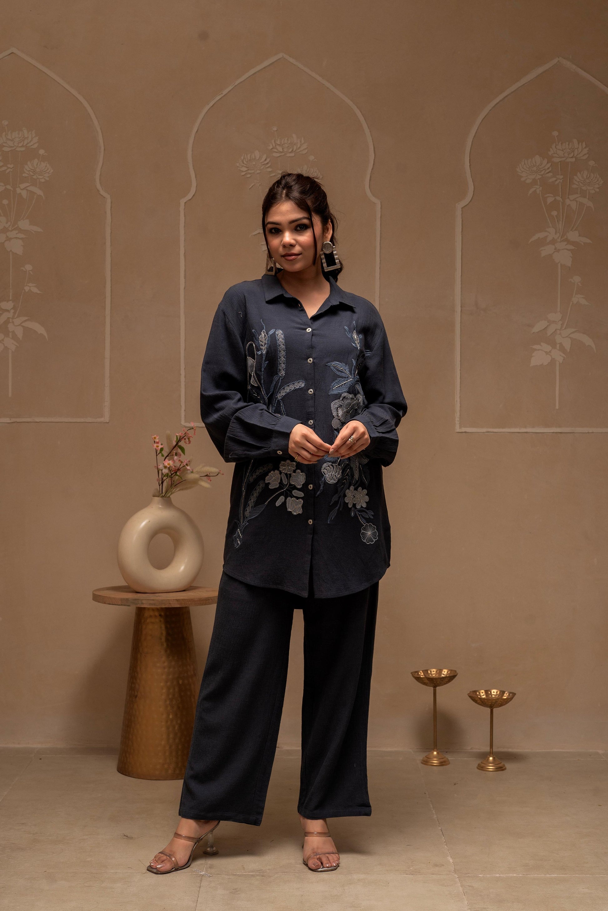 Juniper Grey Embroidered Viscose Co-Ord Set With Thread Work Detailing - Swadesiicart