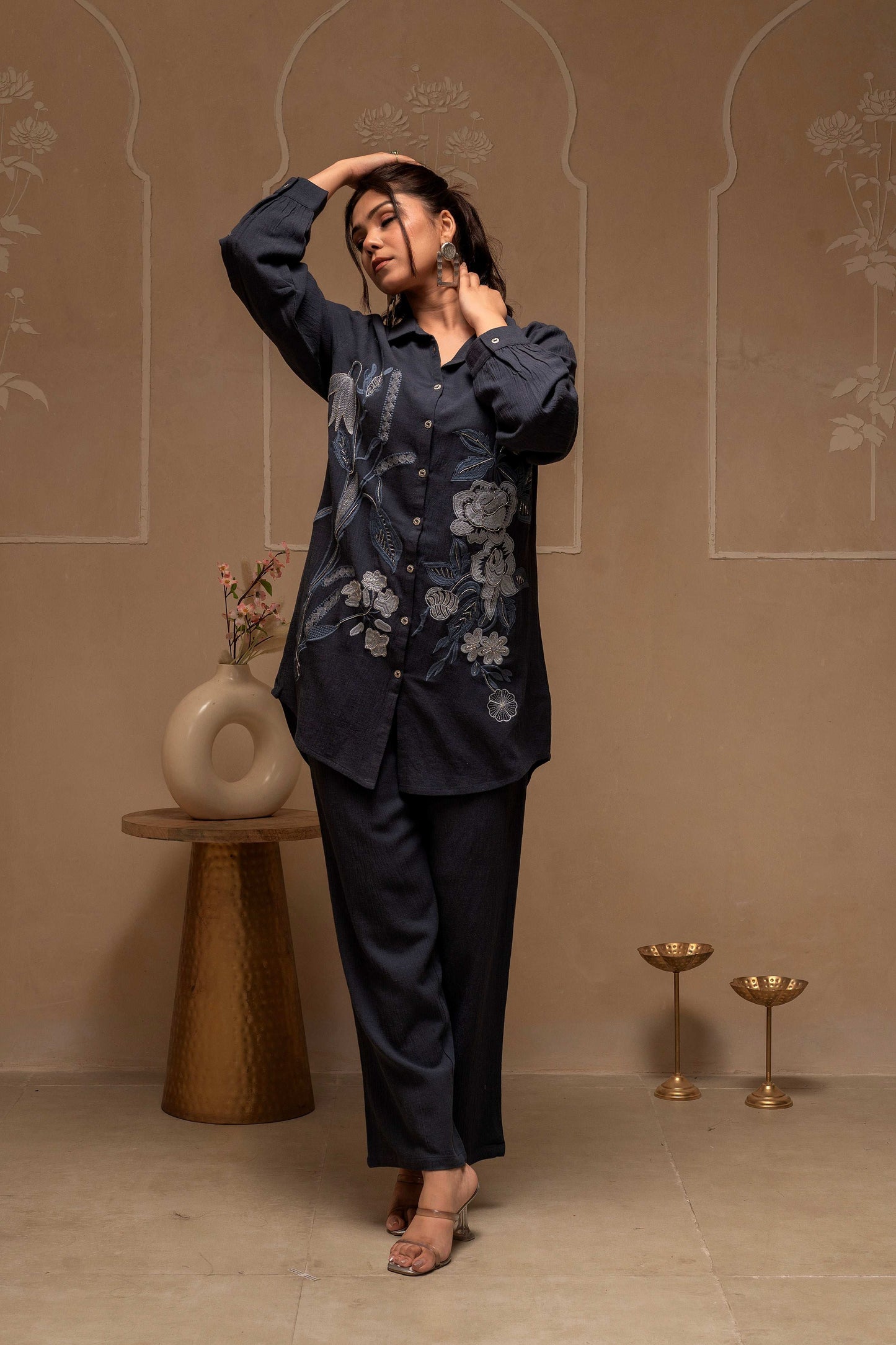 Juniper Grey Embroidered Viscose Co-Ord Set With Thread Work Detailing - Swadesiicart