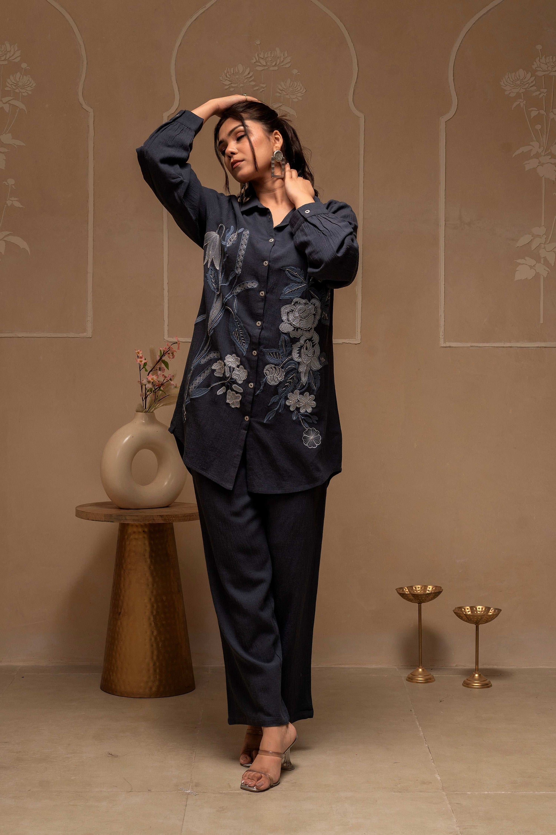 Juniper Grey Embroidered Viscose Co-Ord Set With Thread Work Detailing - Swadesiicart