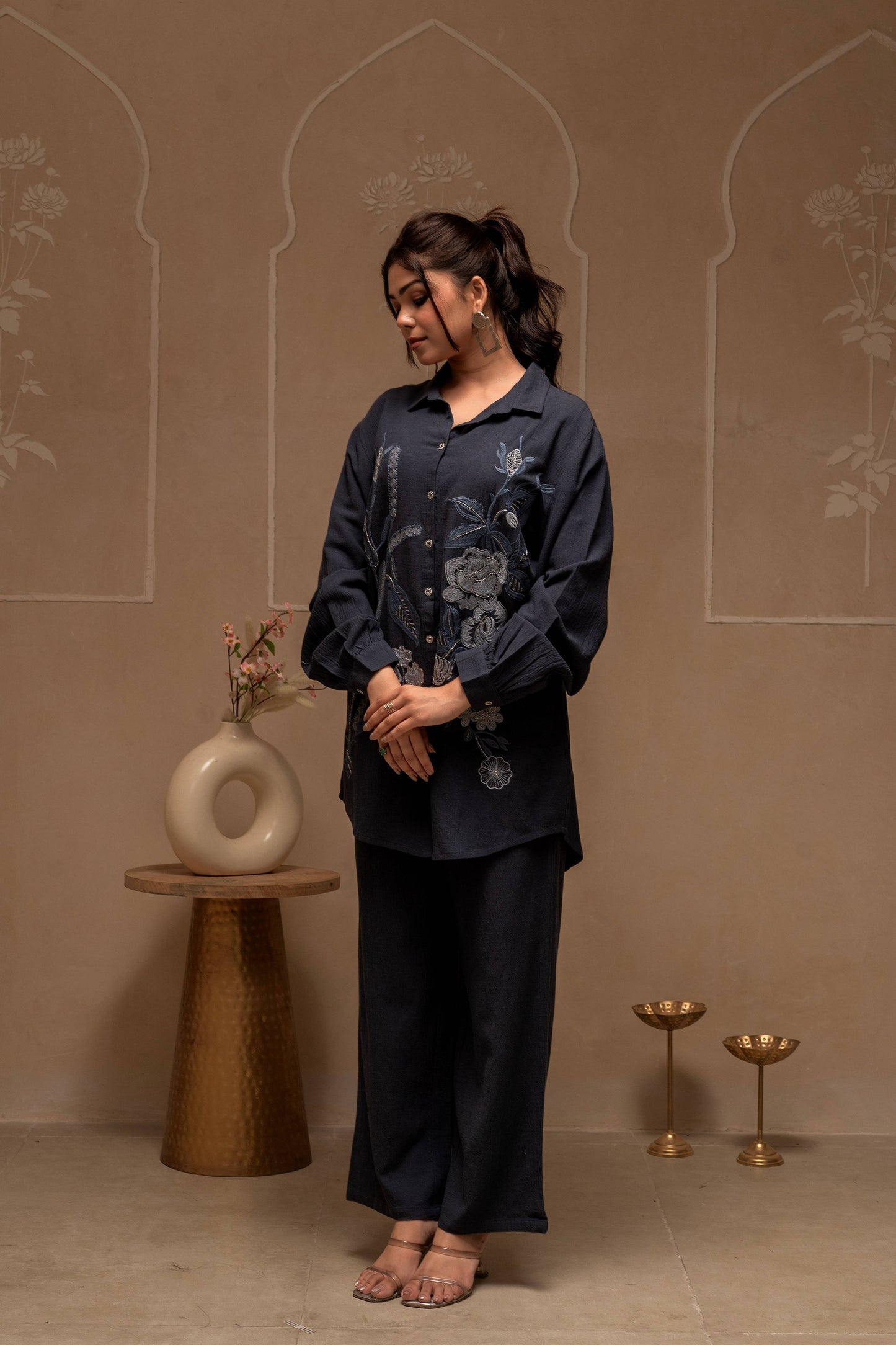 Juniper Grey Embroidered Viscose Co-Ord Set With Thread Work Detailing - Swadesiicart
