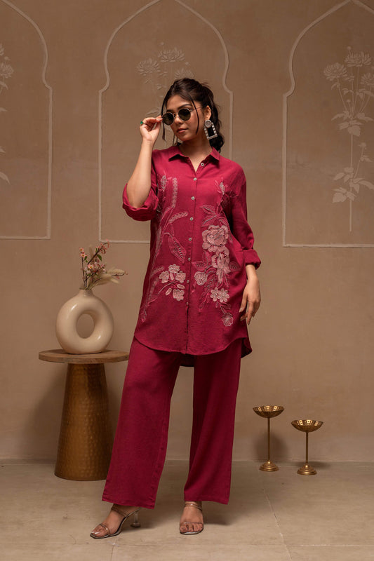 Juniper Rose Pink Embroidered Viscose Co-Ord Set With Thread Work Detailing - Swadesiicart