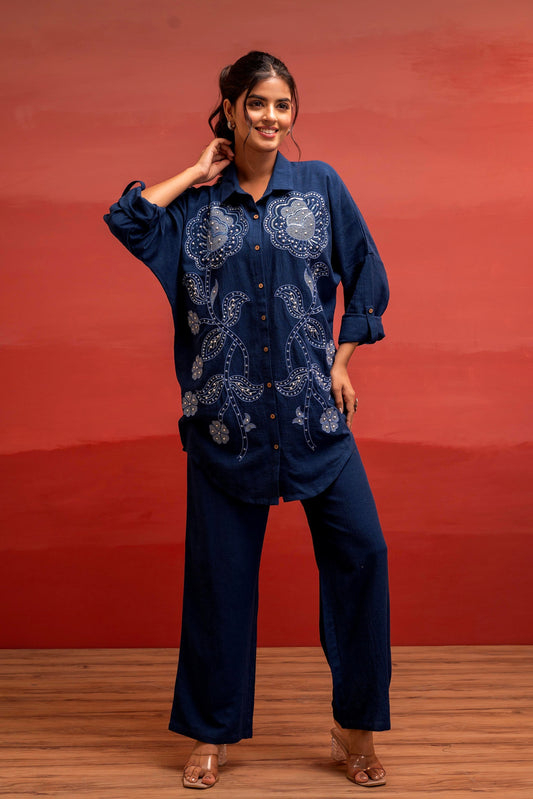 Juniper Viscose Linen Indigo Embroidered Shirt And Pant Co-Ord Set With Thread Work - Swadesiicart