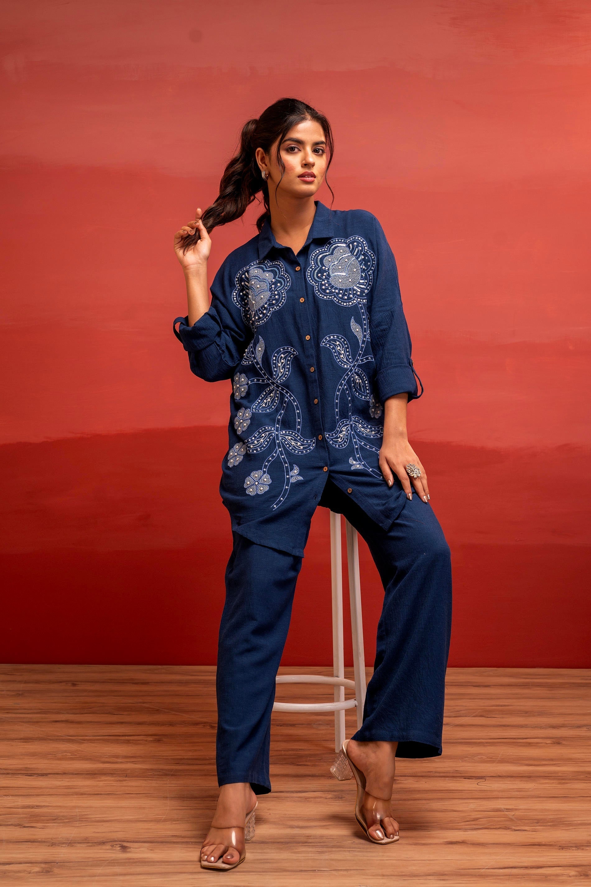 Juniper Viscose Linen Indigo Embroidered Shirt And Pant Co-Ord Set With Thread Work - Swadesiicart