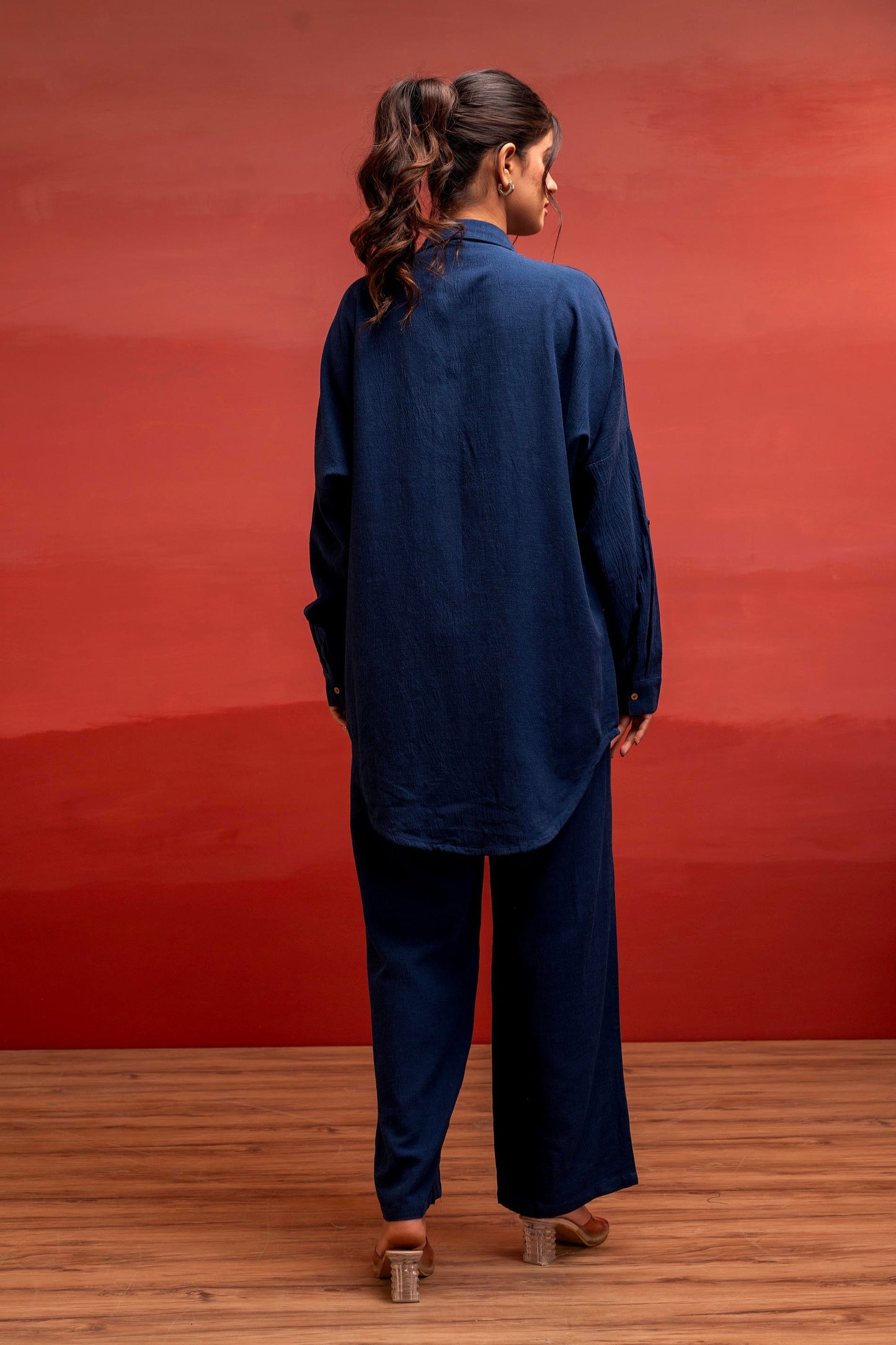 Juniper Viscose Linen Indigo Embroidered Shirt And Pant Co-Ord Set With Thread Work - Swadesiicart