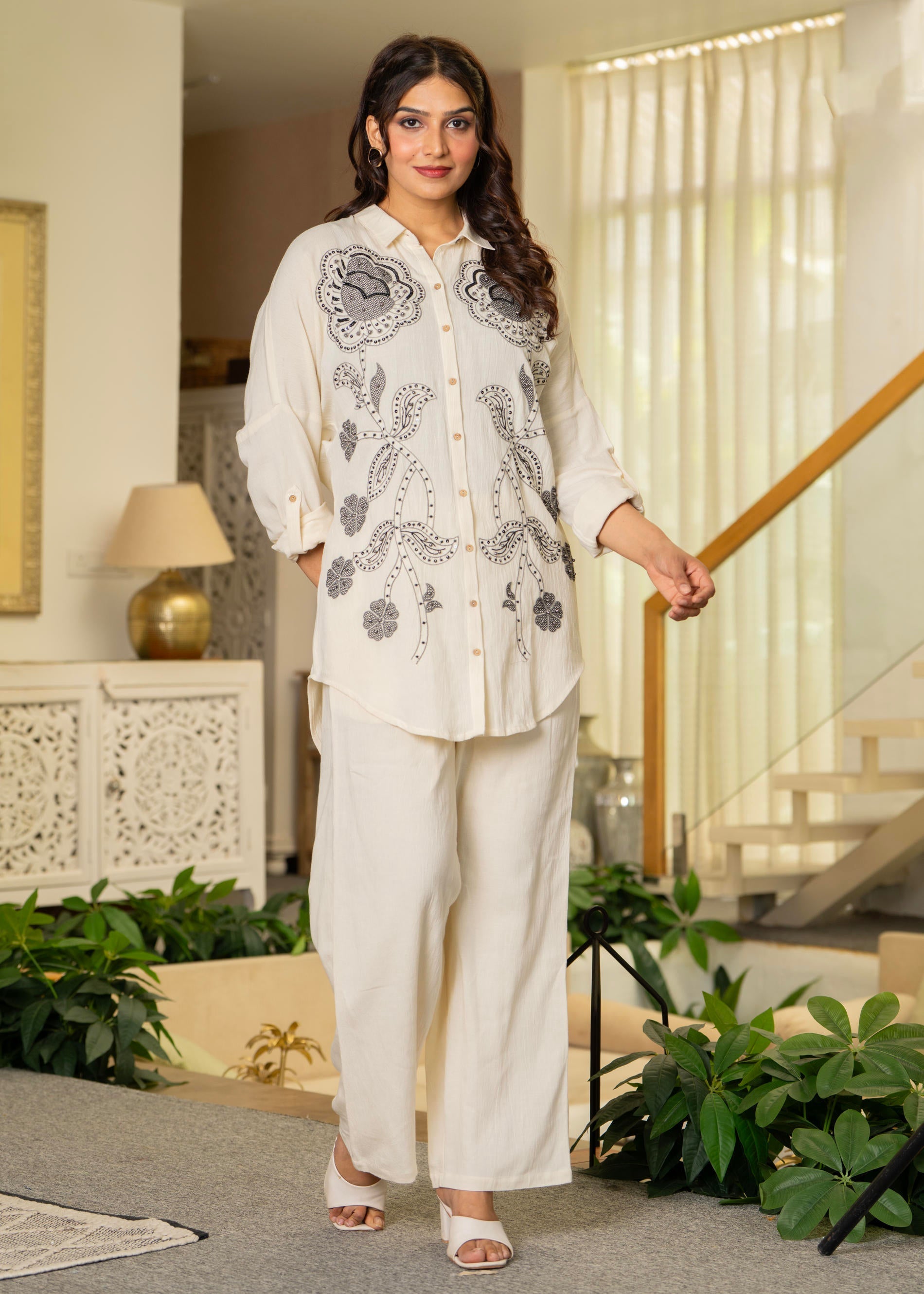 Juniper Off-White Embroidered Viscose-Linen Co-Ord Set With Bead & Thread Work - Swadesiicart
