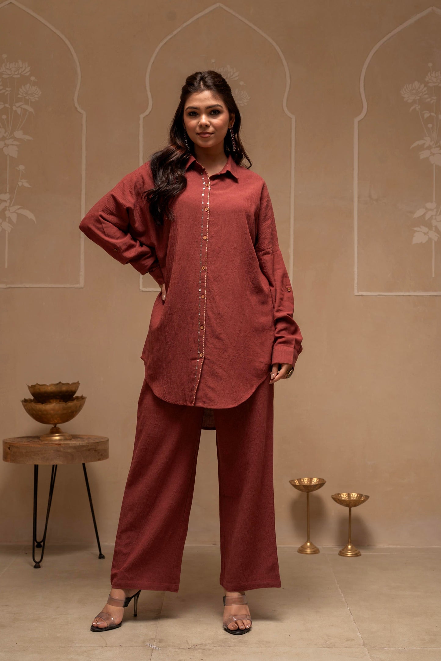 Juniper Brown Embellished Viscose-Linen Co-Ord Set With Sequin Detailing - Swadesiicart