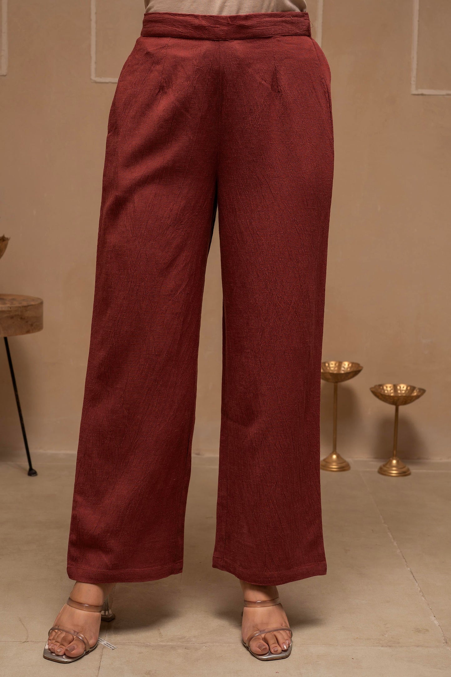 Juniper Brown Embellished Viscose-Linen Co-Ord Set With Sequin Detailing - Swadesiicart