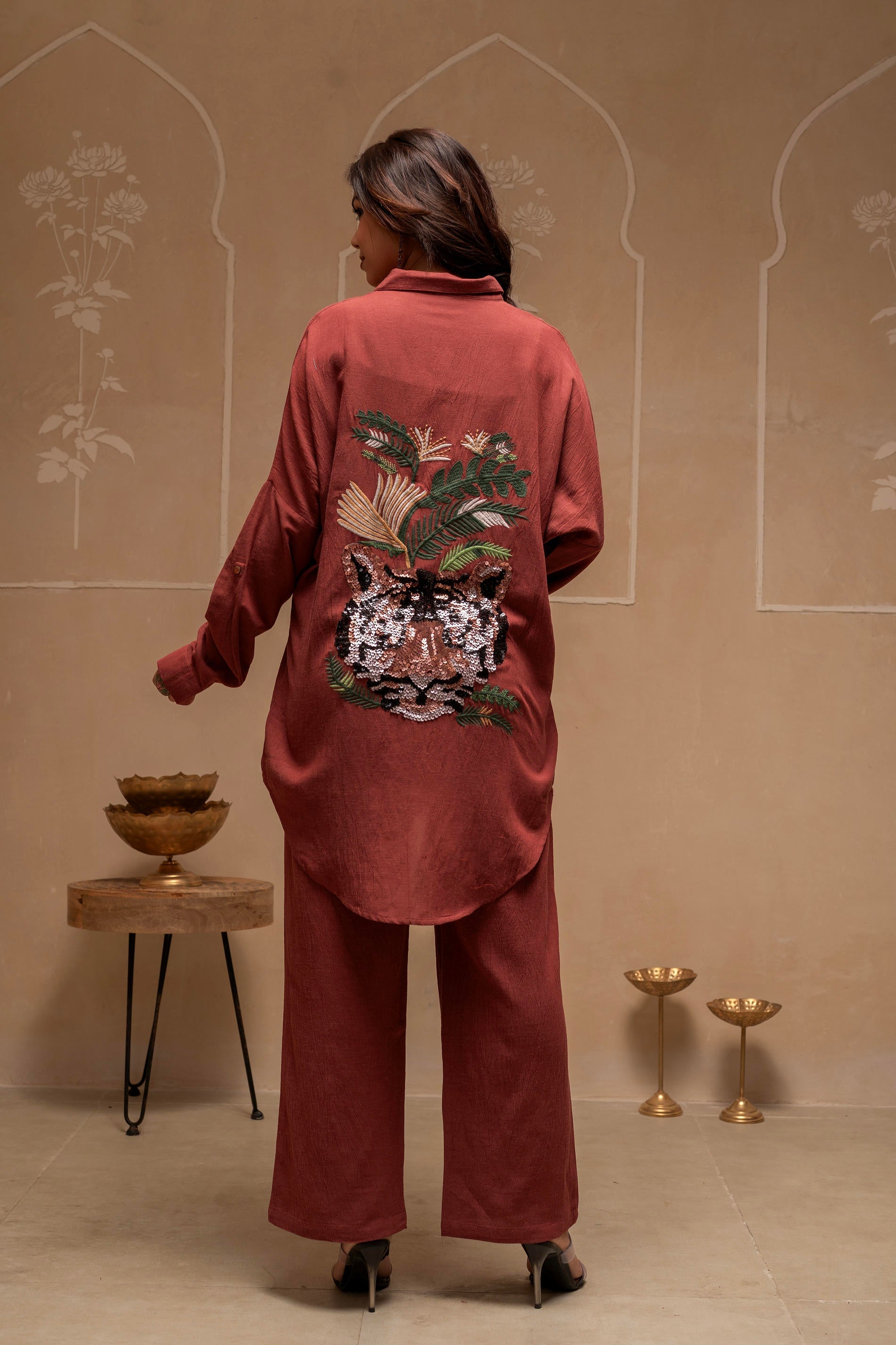 Juniper Brown Embellished Viscose-Linen Co-Ord Set With Sequin Detailing - Swadesiicart