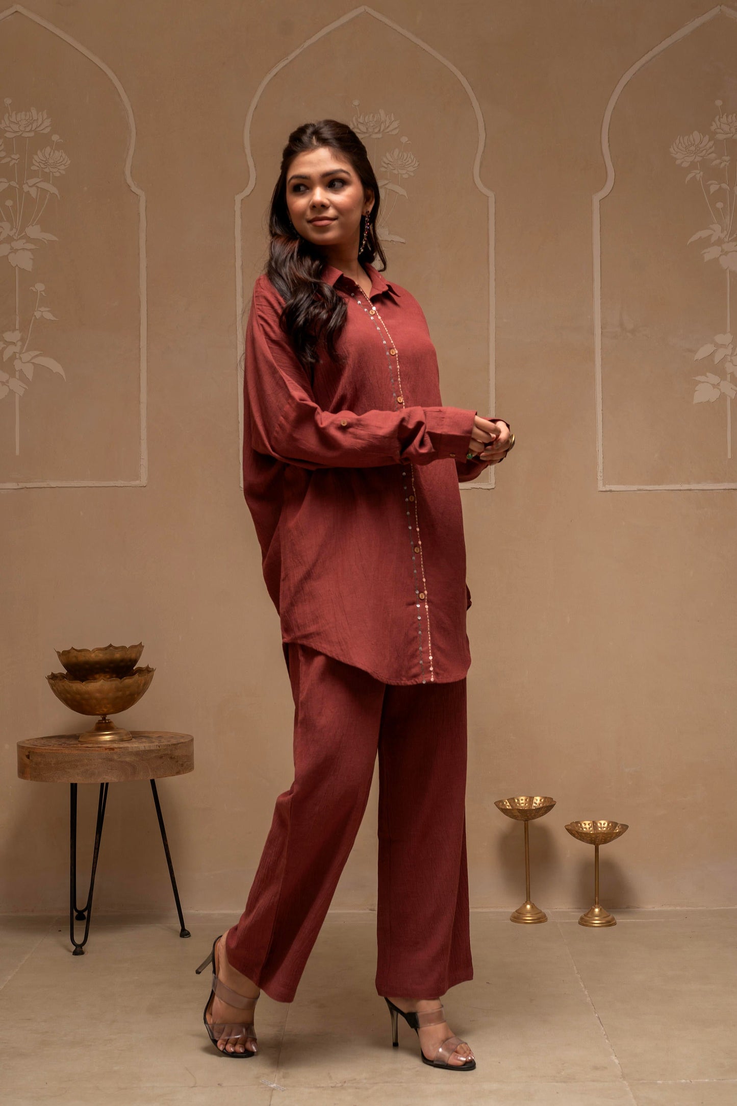Juniper Brown Embellished Viscose-Linen Co-Ord Set With Sequin Detailing - Swadesiicart