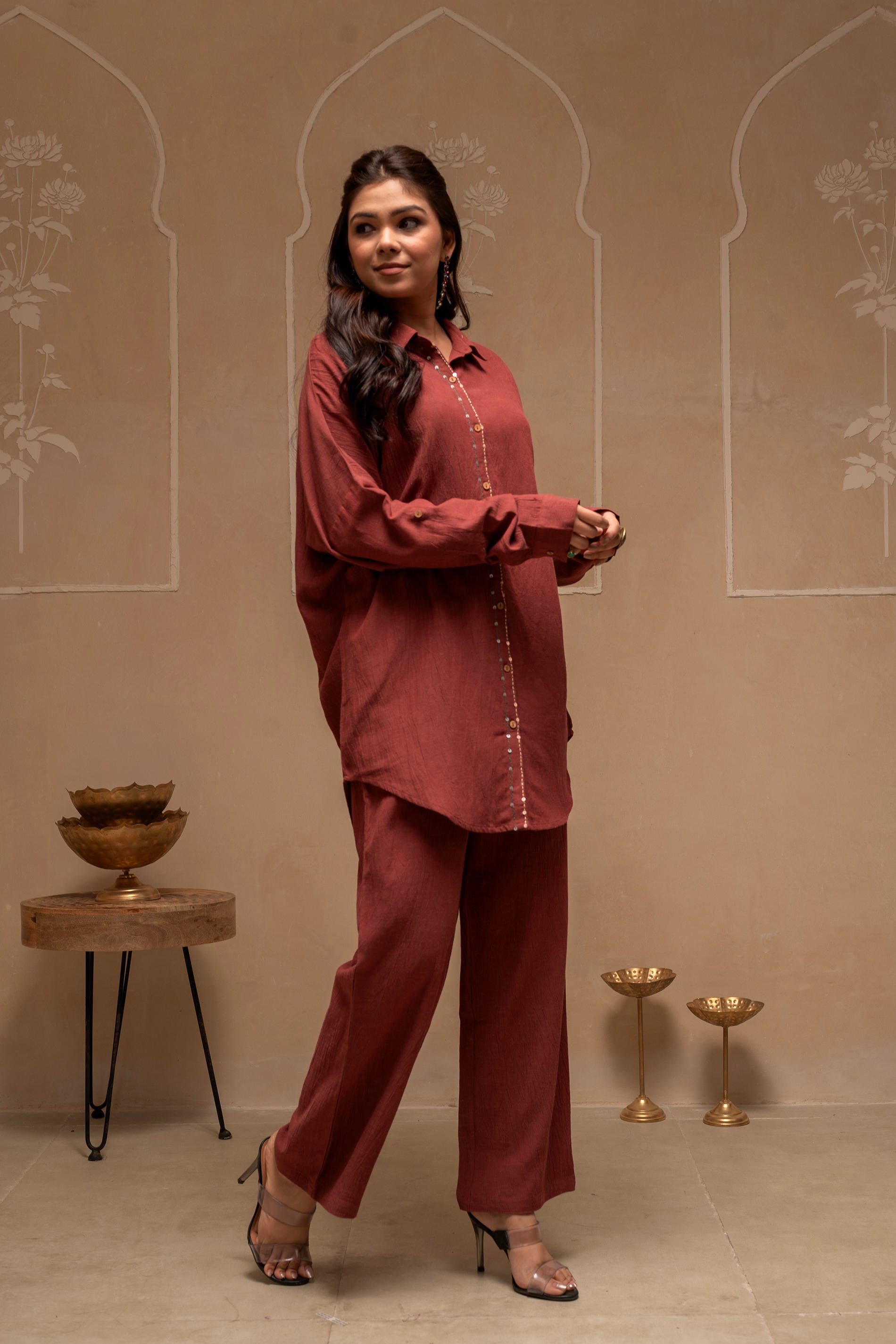 Juniper Brown Embellished Viscose-Linen Co-Ord Set With Sequin Detailing - Swadesiicart